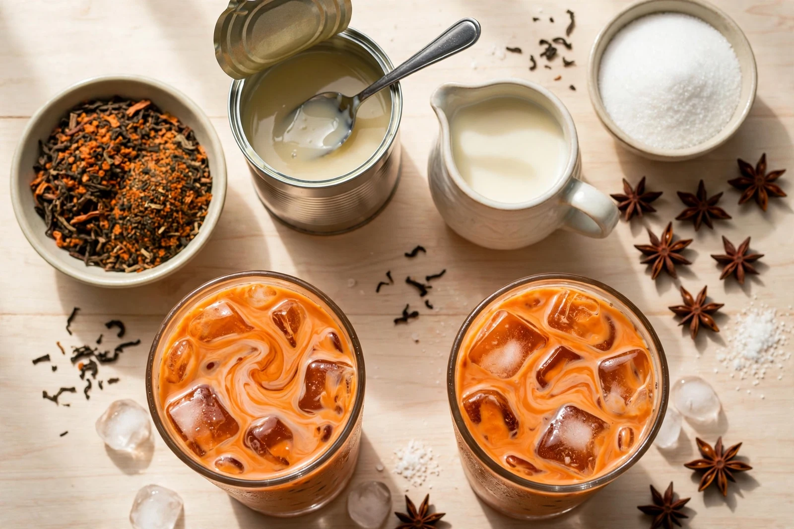 Ingredients for Thai iced tea: Thai tea mix, sweetened condensed milk, evaporated milk, sugar, and star anise