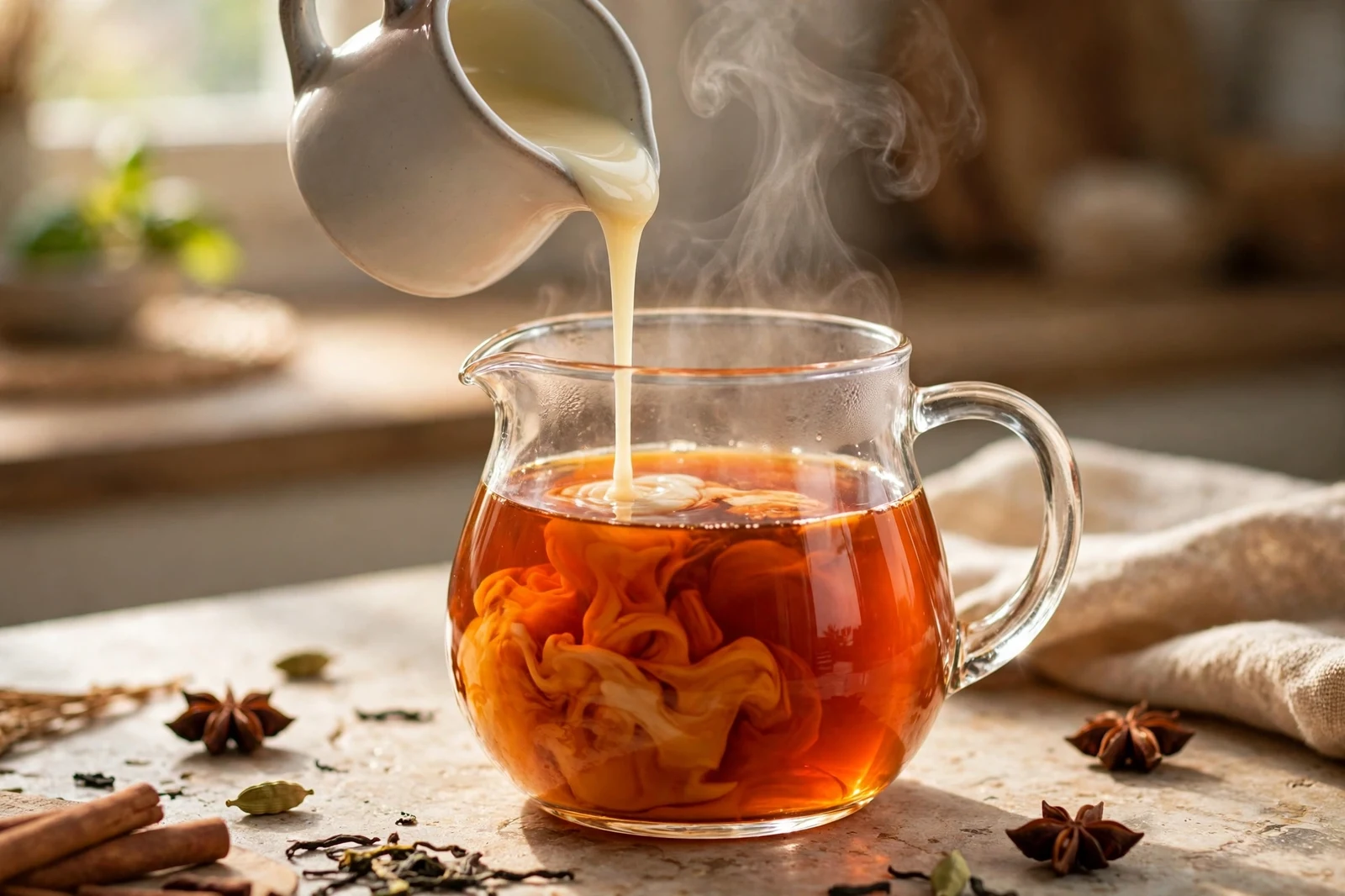 Pouring sweetened condensed milk into a pitcher of freshly brewed Thai tea