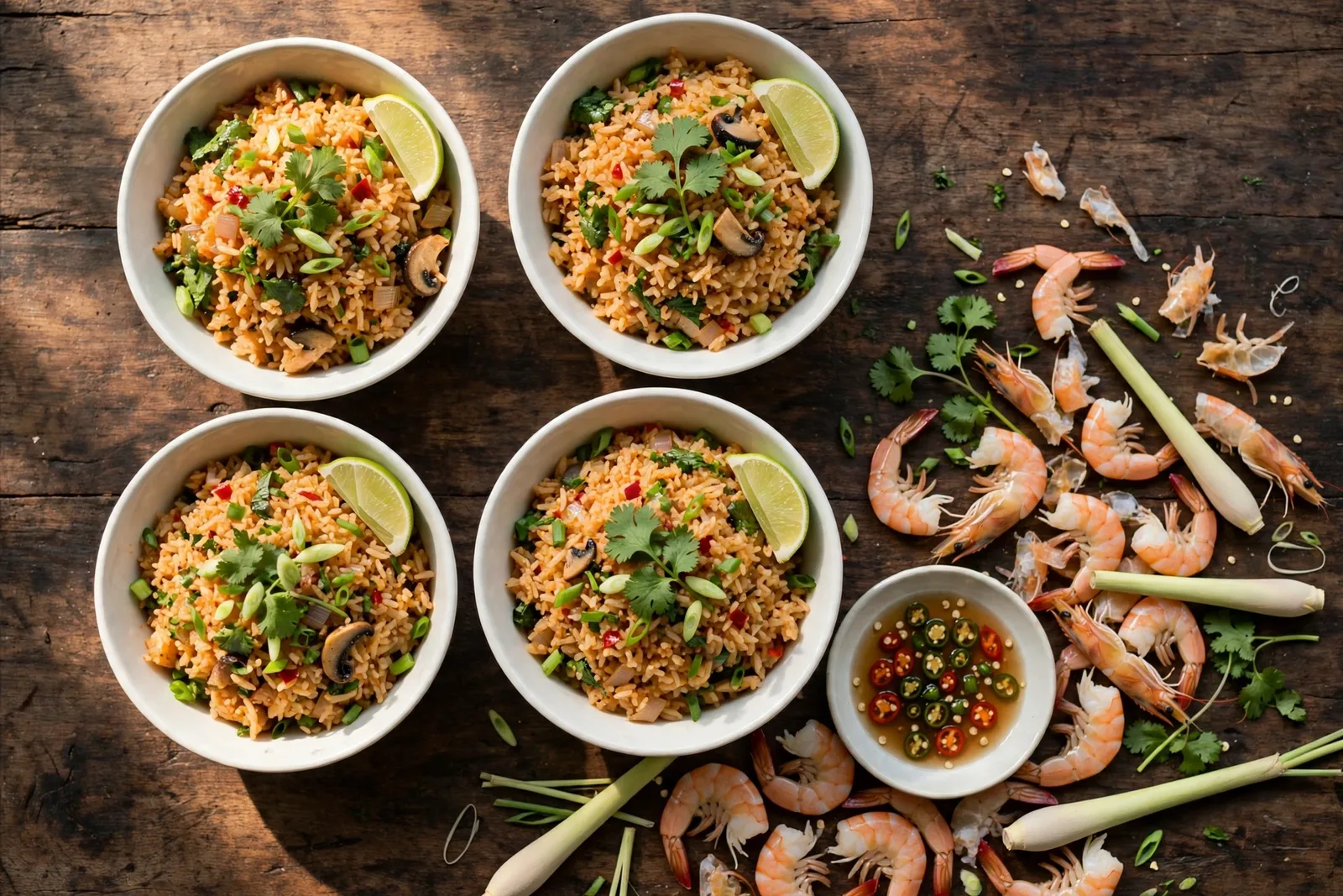 Four bowls of tom yum fried rice with shrimp, lemongrass, and chili fish sauce