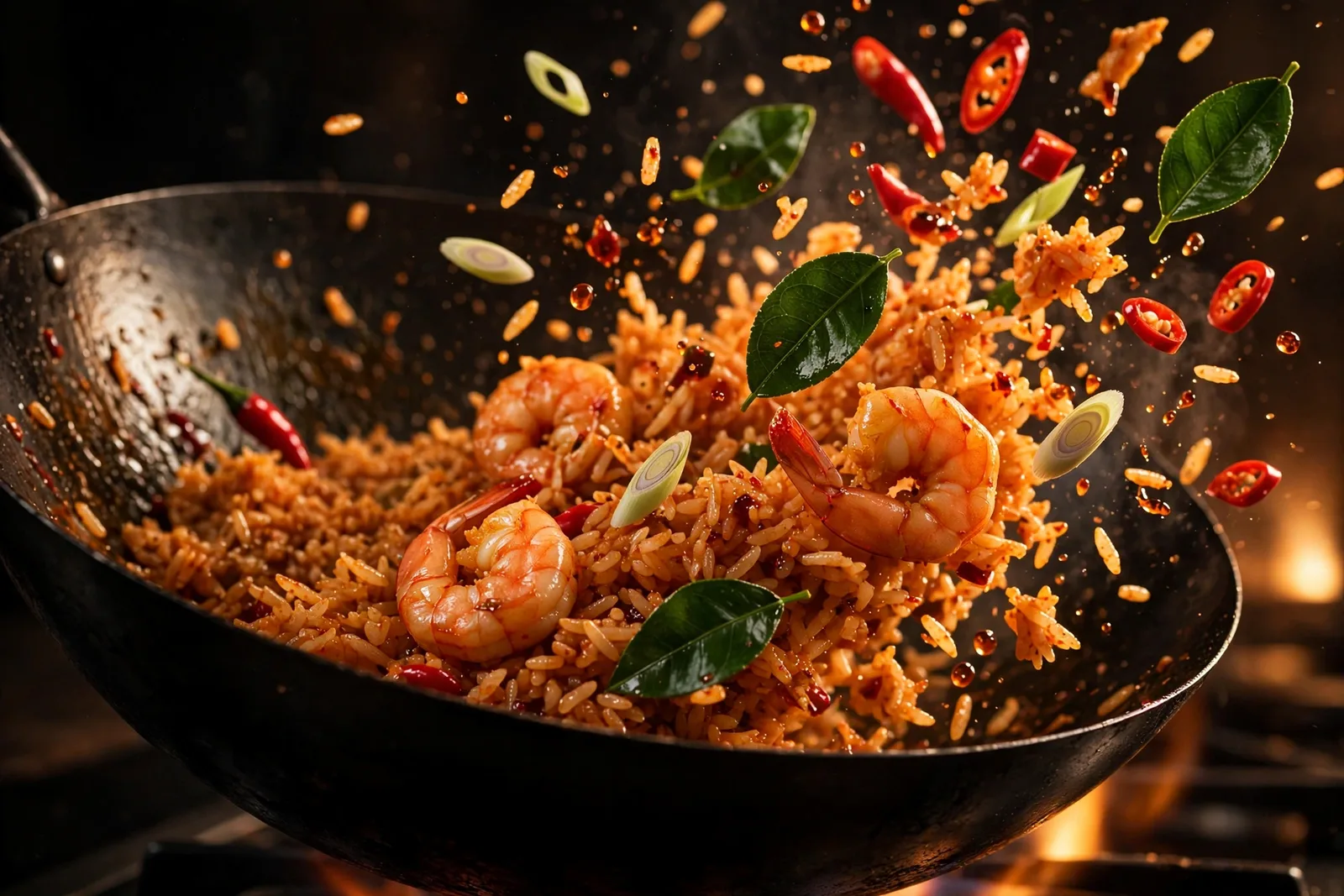Tom yum fried rice being tossed in a hot wok with shrimp, chilies, and lime leaves