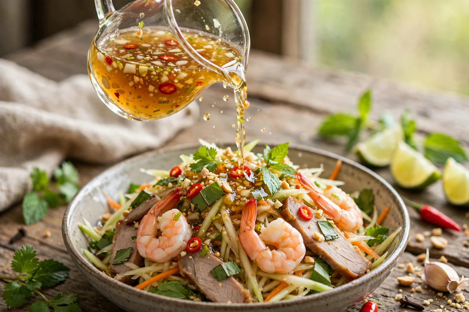 Sweet-tangy lime and fish sauce dressing being whisked for goi du du