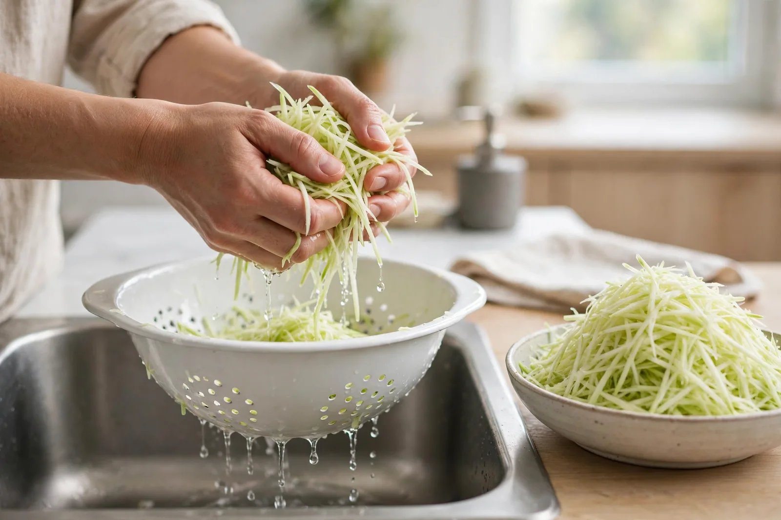 Shredding firm green papaya into fine crisp strands