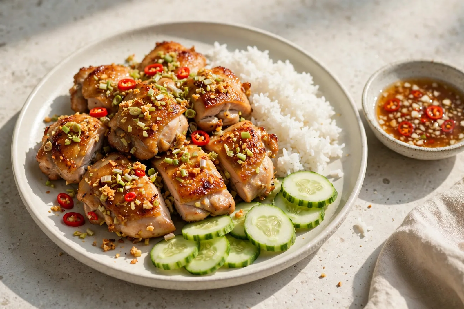 Vietnamese lemongrass chicken served with steamed rice, cucumber, and dipping sauce