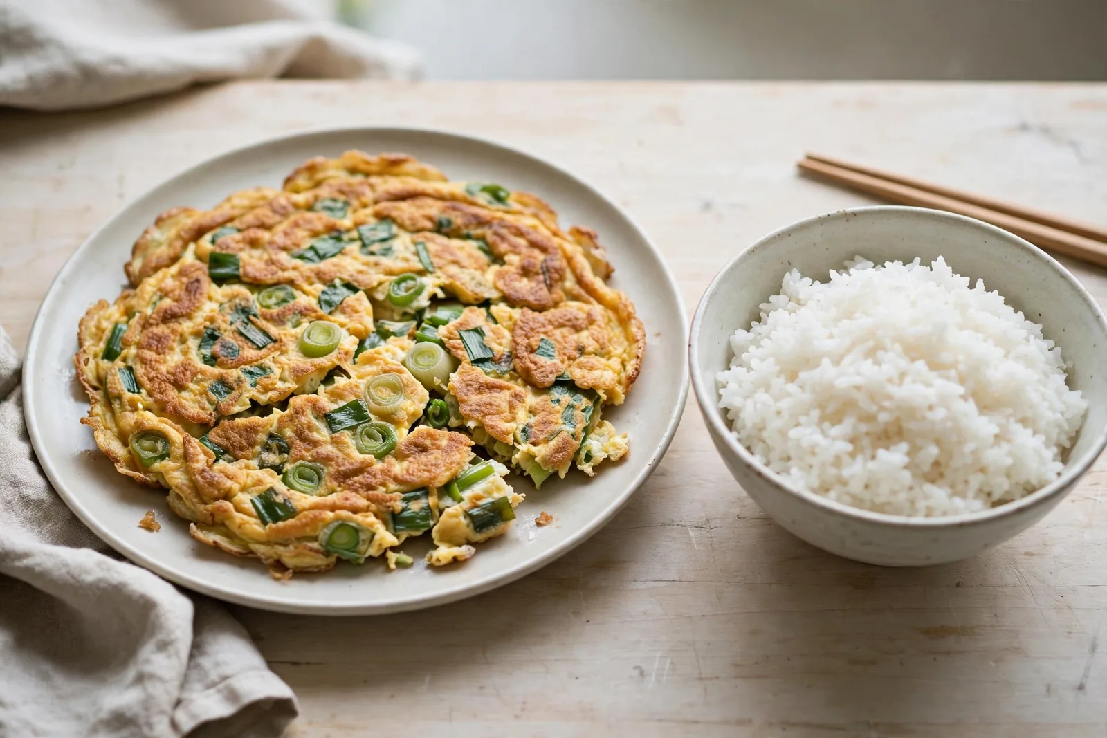 Vietnamese scallion egg omelet served with steamed rice