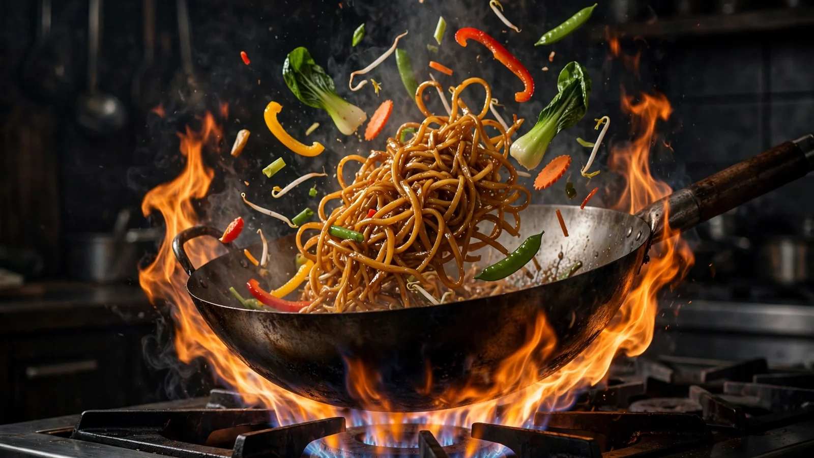 Carbon steel wok with flames licking around it while stir-frying vegetables and noodles