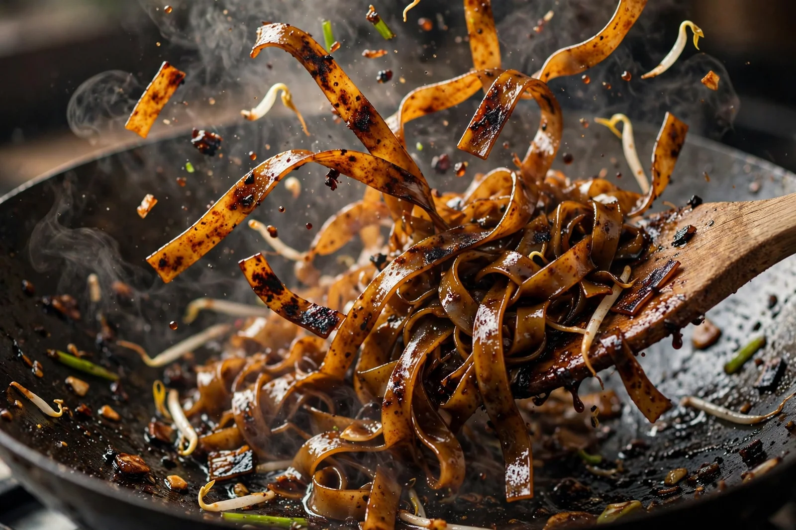 Rice noodles searing in a hot wok with caramelized charred edges
