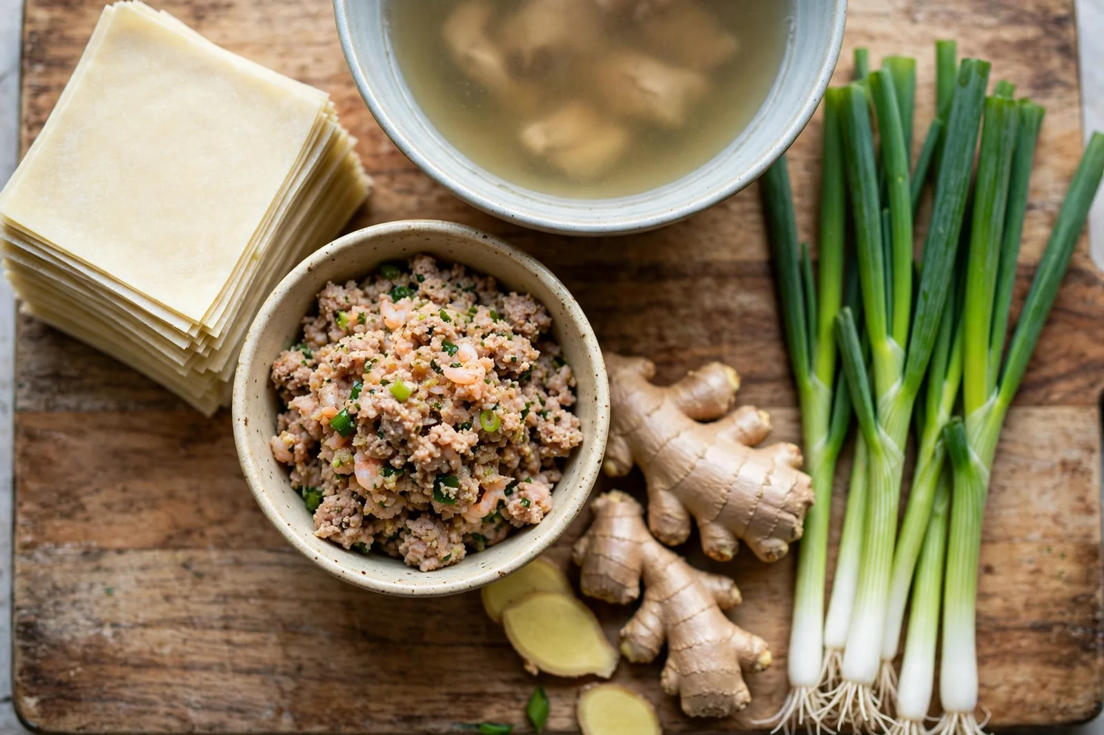 Wonton soup ingredients: wonton wrappers, pork and shrimp filling, ginger, scallions, and chicken broth