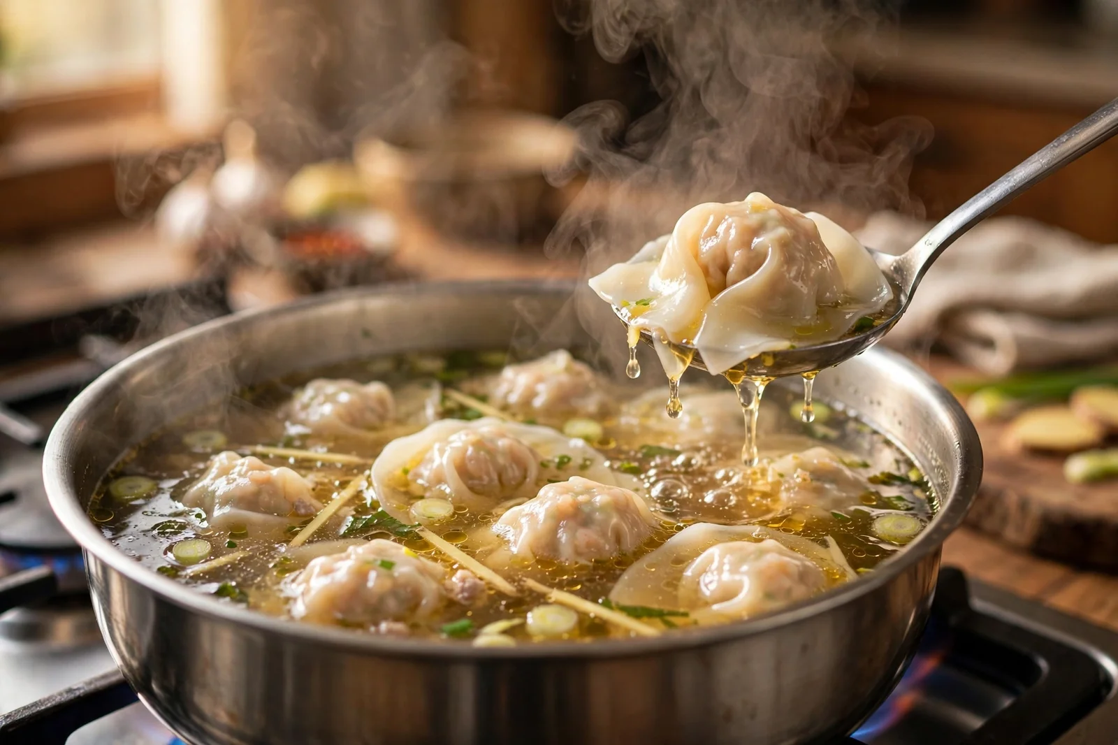 Wontons boiling in clear broth in a pot, a ladle lifting one wonton