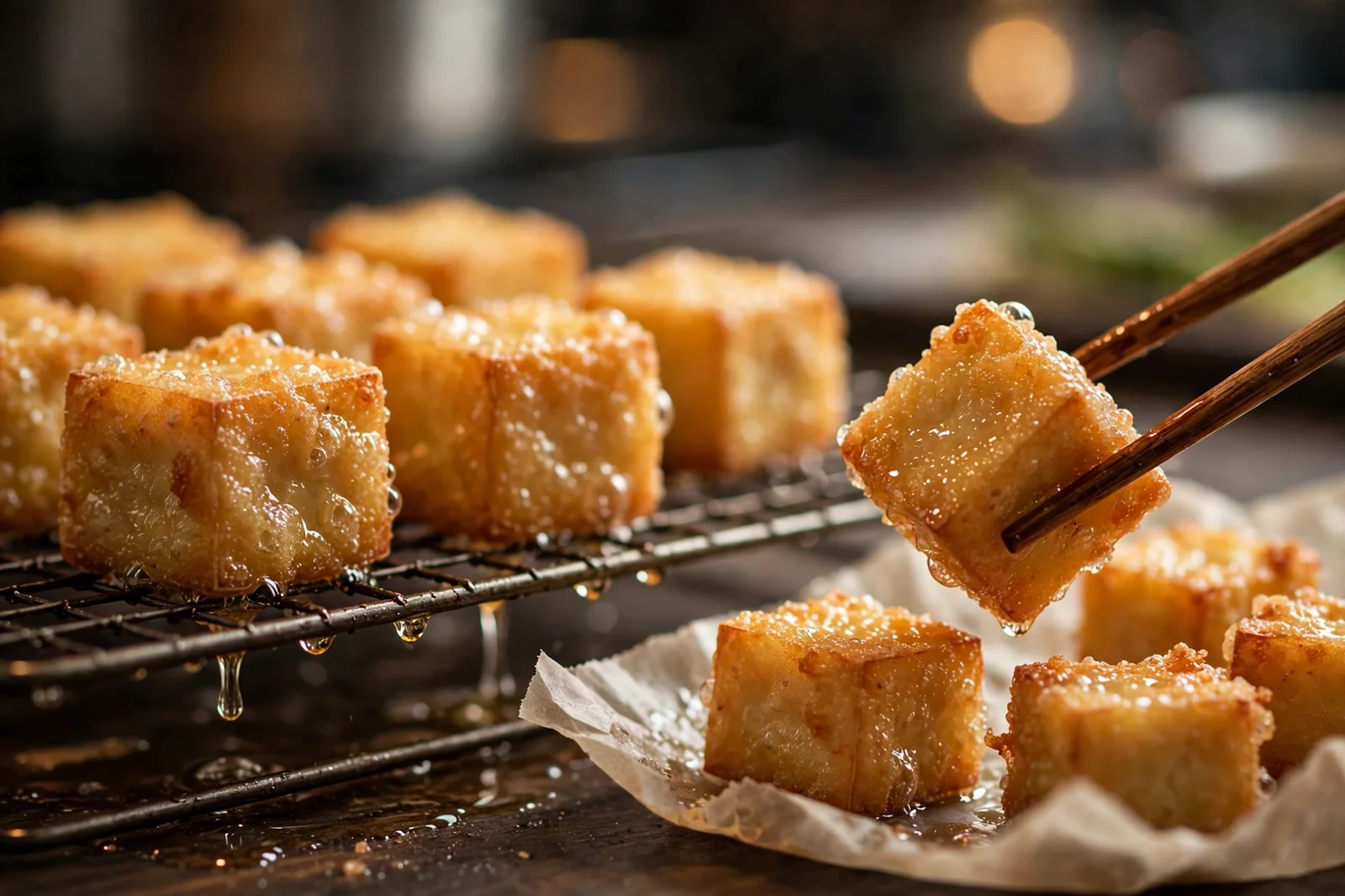 Agedashi tofu ingredients: firm tofu, potato starch, dashi, grated daikon, scallions, ginger, and soy sauce
