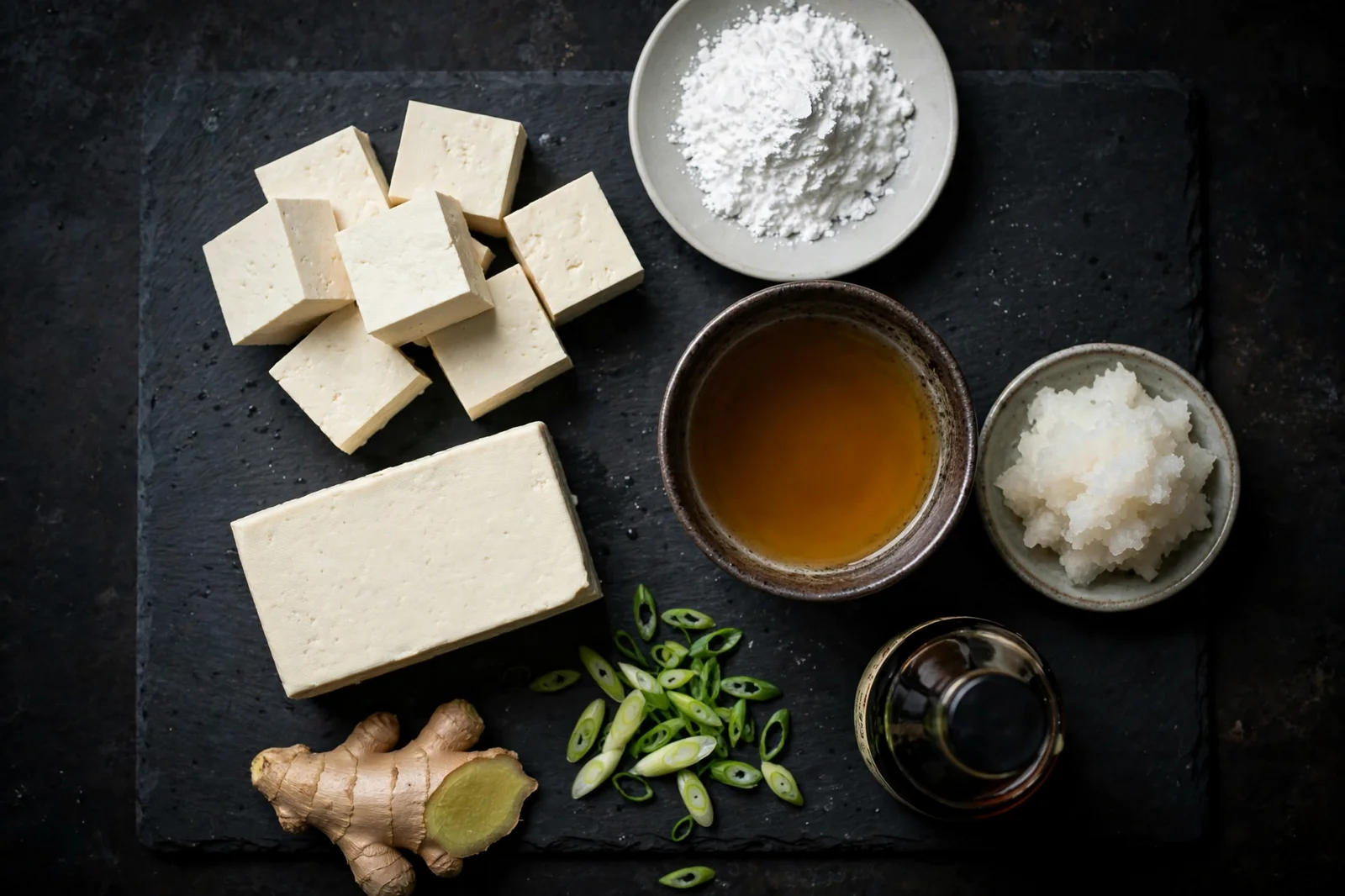 Golden crispy fried tofu cubes draining on a wire rack