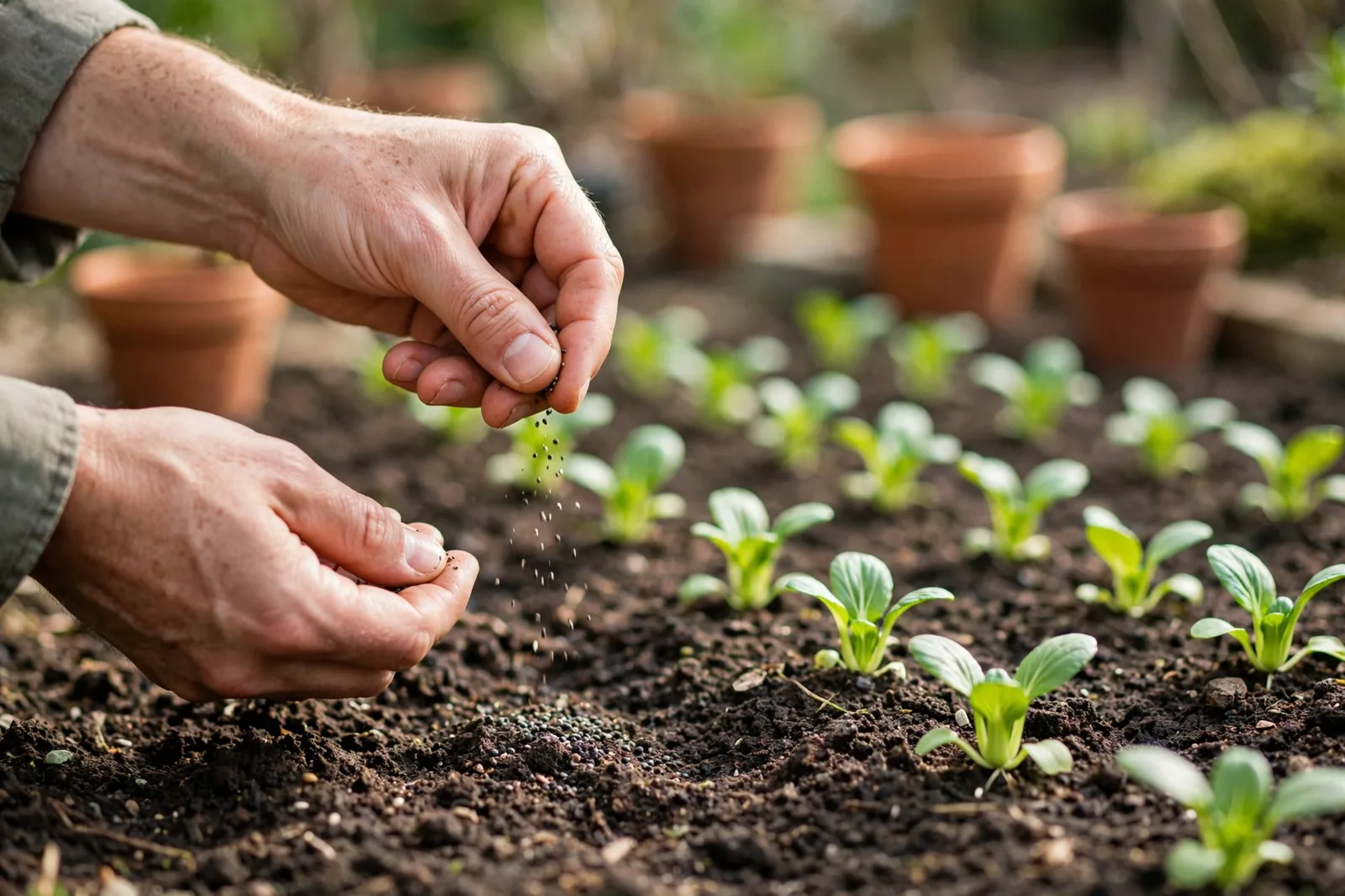 Hands sowing seeds into a garden bed with young bok choy seedlings in neat rows