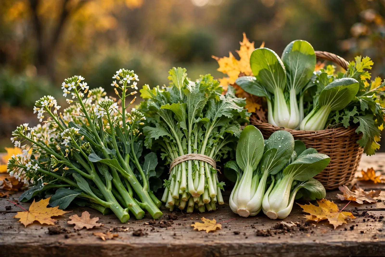 Fall harvest of gai lan, mustard greens, and bok choy in a basket on a wooden table outdoors