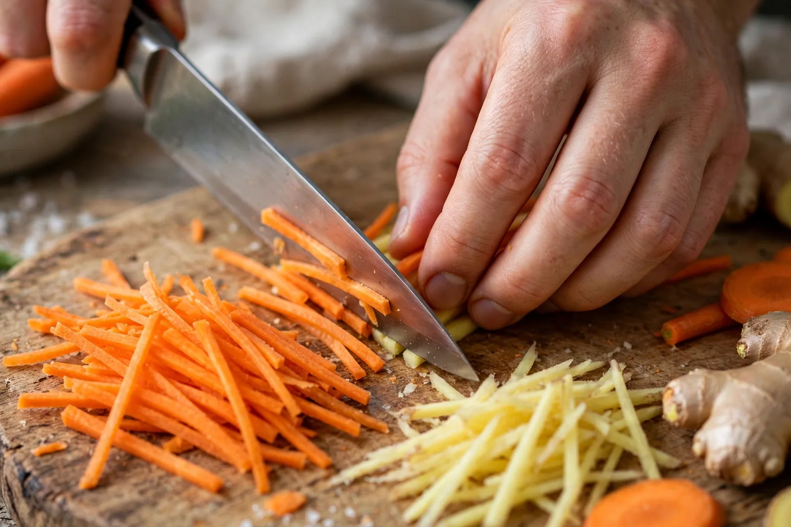 Pinch grip and claw hand julienning carrots and ginger on a wooden board