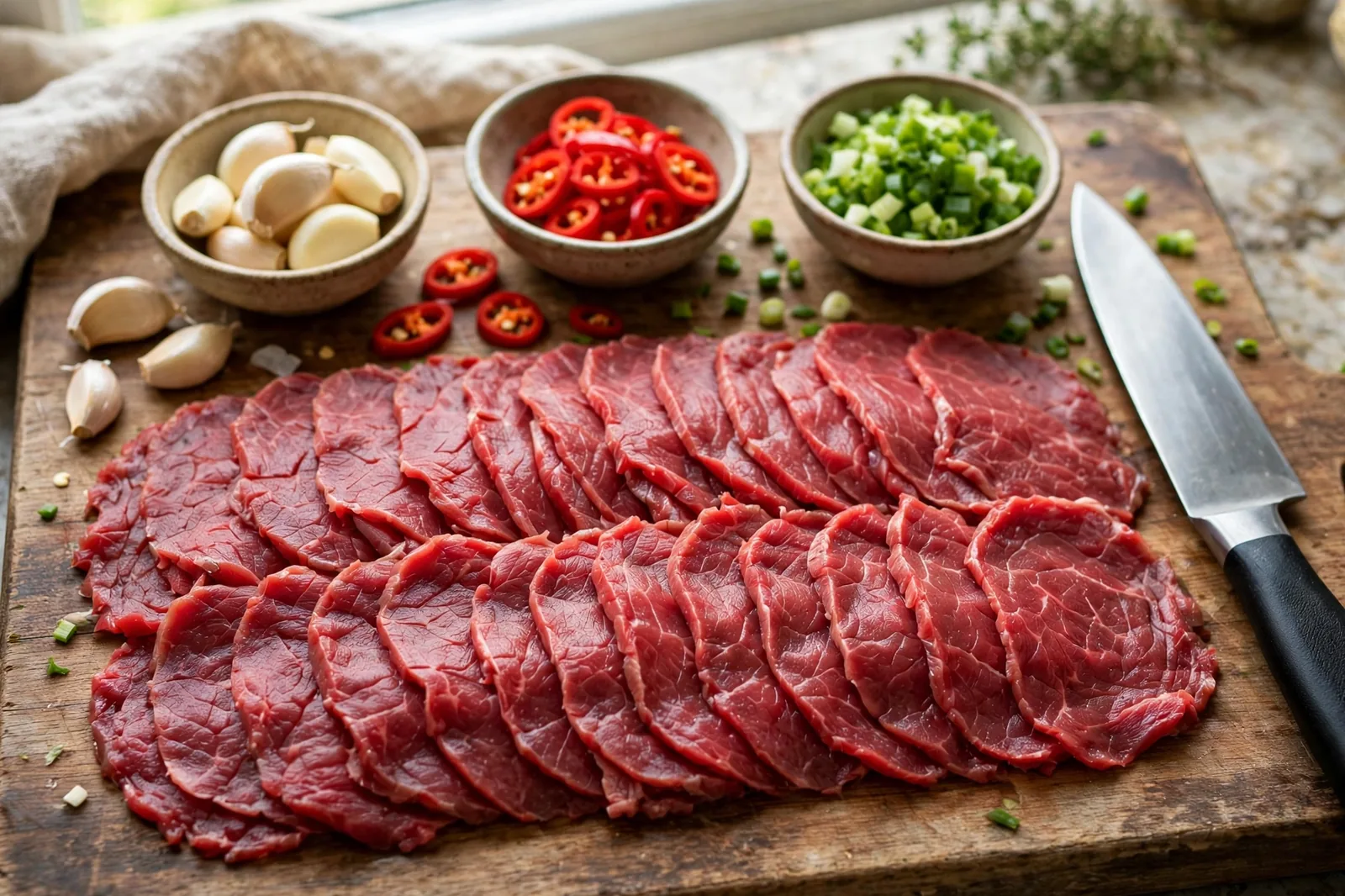 Thinly sliced beef arranged on a wooden board beside a kitchen knife and aromatics