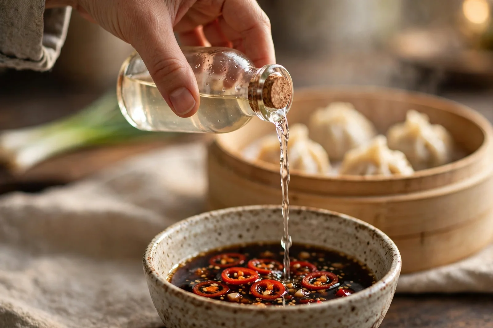 Pouring pale rice vinegar into a small ceramic bowl of dipping sauce beside a steamer basket of dumplings