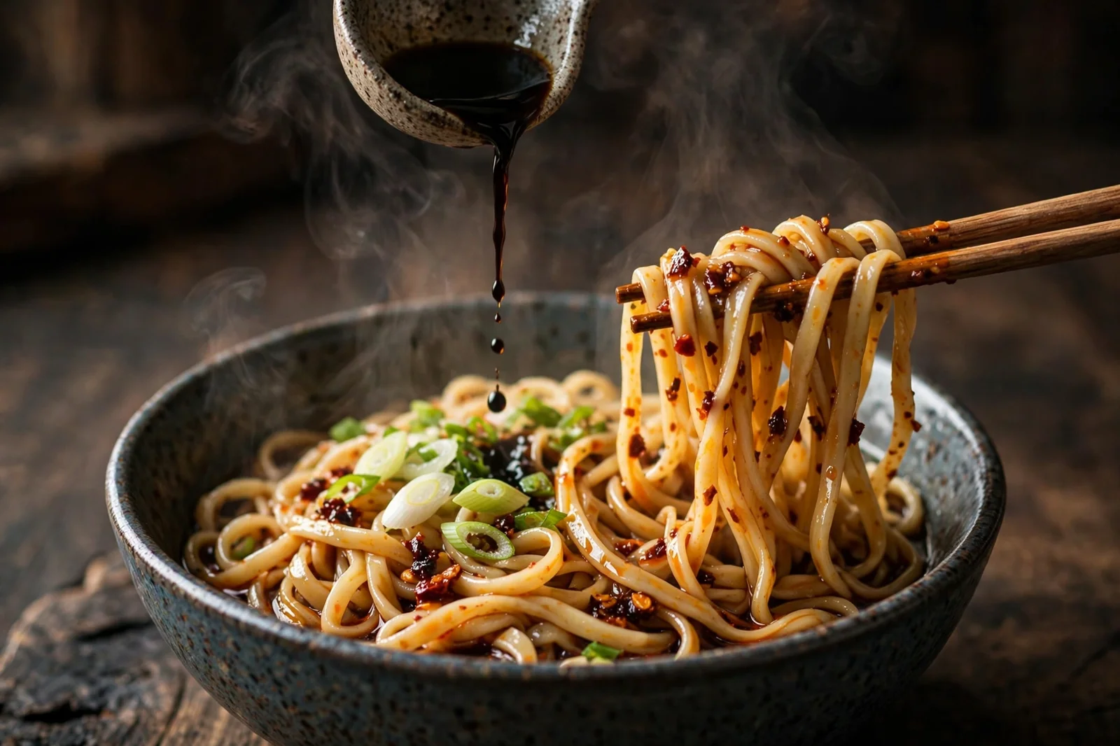Drizzling dark black vinegar over a steaming bowl of hand-pulled noodles with scallions and chili oil