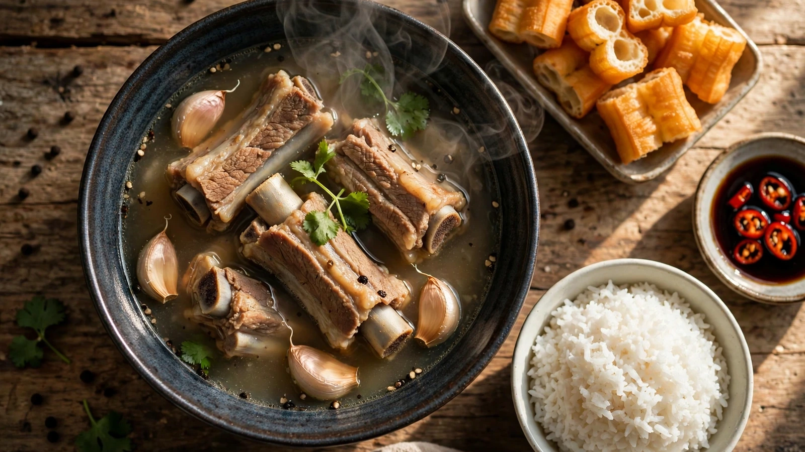 Overhead bowl of bak kut teh, Malaysian pork rib soup with clear pale-amber peppery broth, pork spare ribs on the bone, and whole unpeeled garlic cloves, with steamed rice, toasted youtiao, and chili-soy dipping sauce on a wooden table