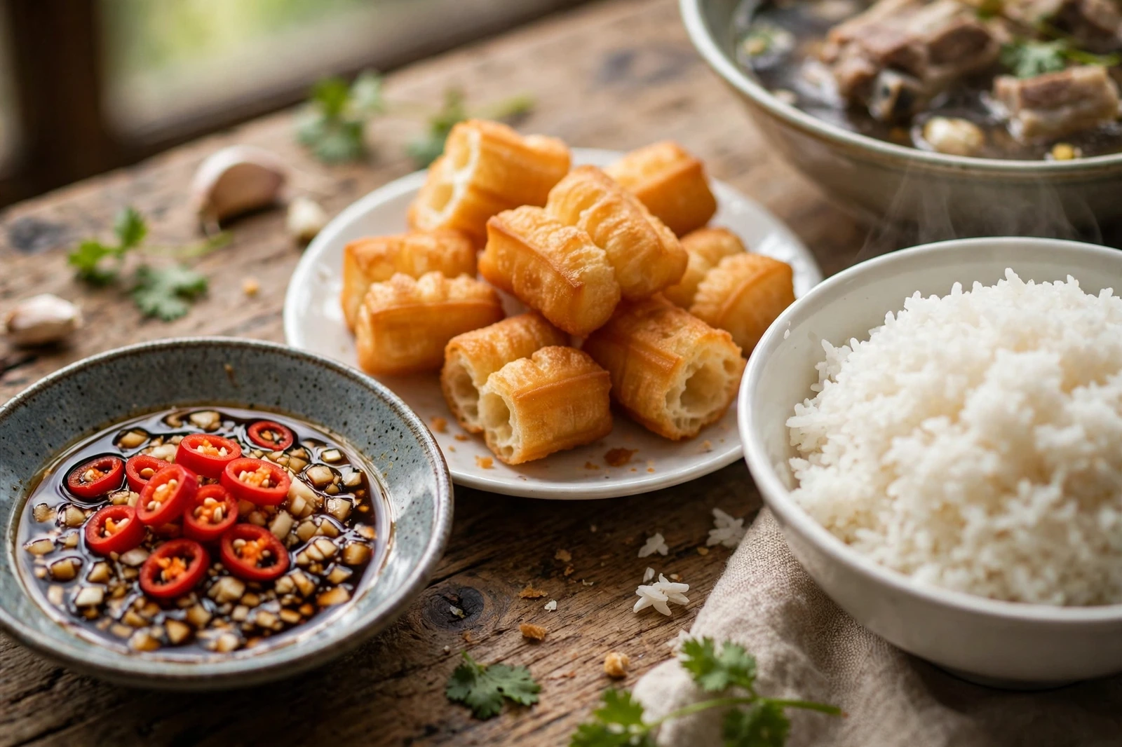 Bak kut teh table spread: small dish of light soy dipping sauce with sliced red chilies and minced garlic, golden toasted youtiao cut into pieces, and a bowl of steamed jasmine rice