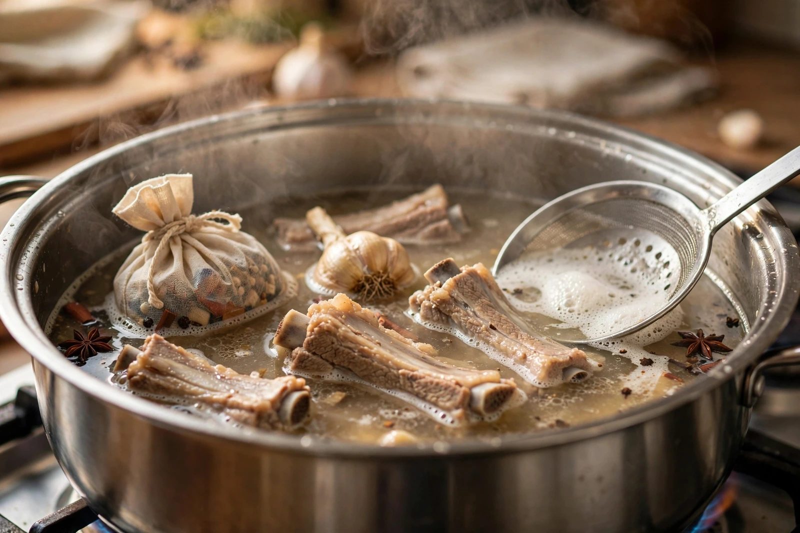 Bak kut teh simmering in a large soup pot: pork ribs, a whole unpeeled garlic bulb, and a muslin spice bag in gently bubbling clear broth, a skimmer lifting light foam from the surface