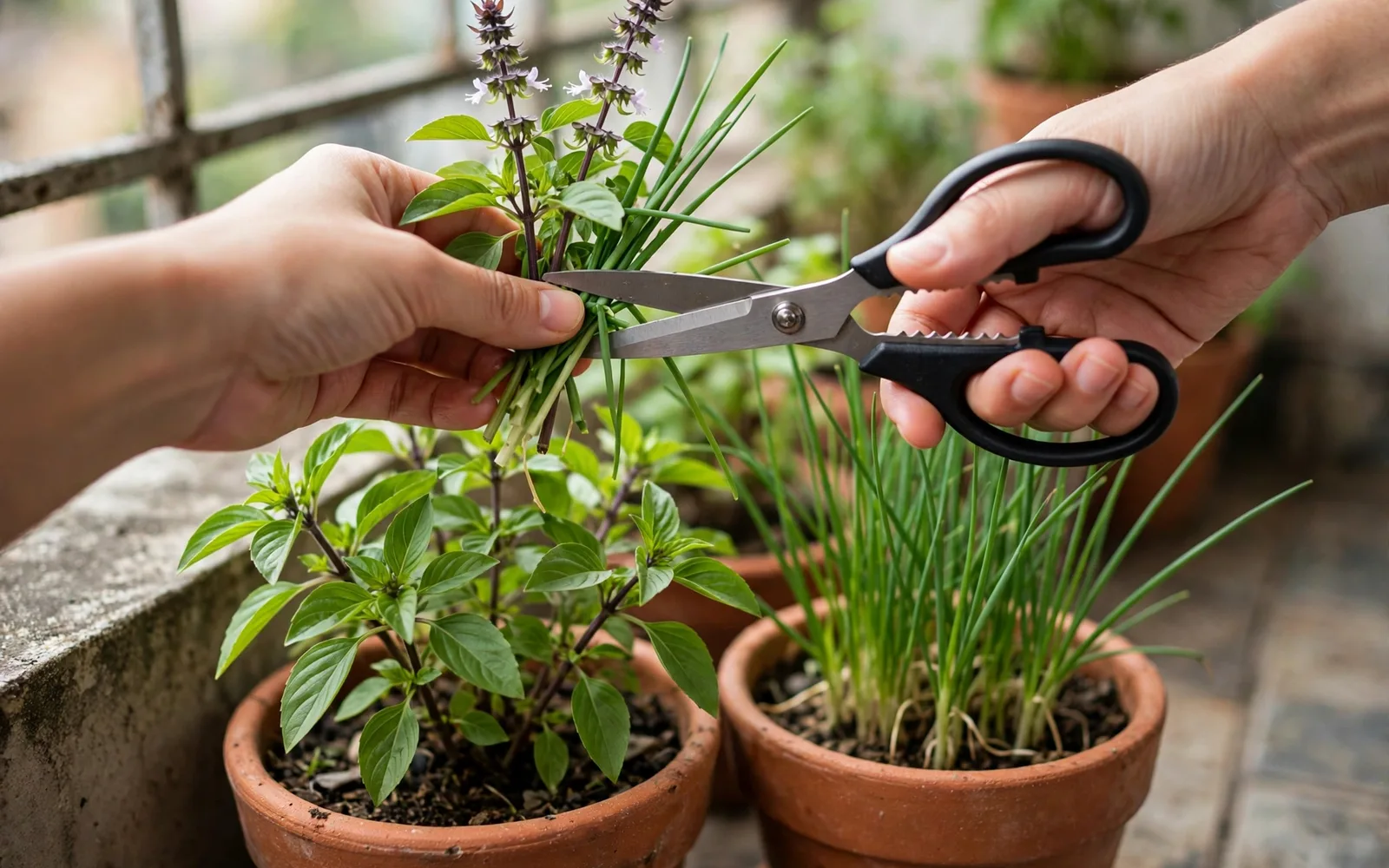 Hands snipping fresh Thai basil and garlic chives over terracotta pots on a balcony