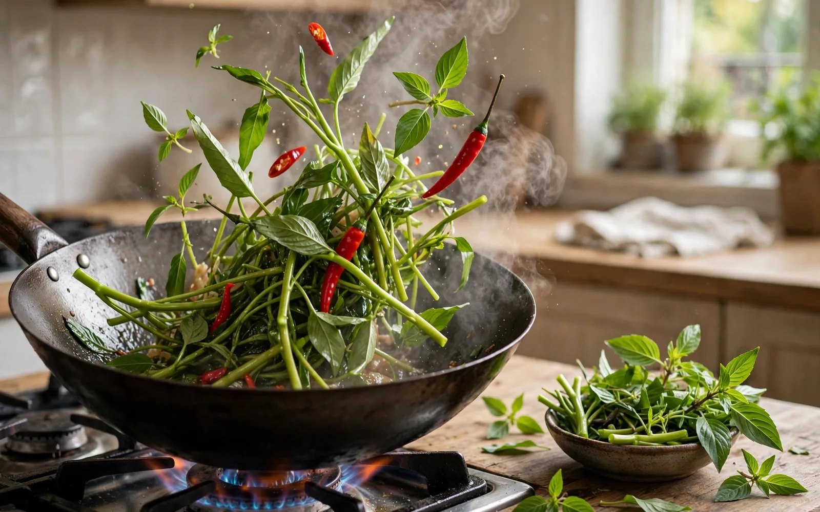 Wok stir-fry with water spinach, Thai basil and red chilies beside a bowl of freshly harvested balcony herbs
