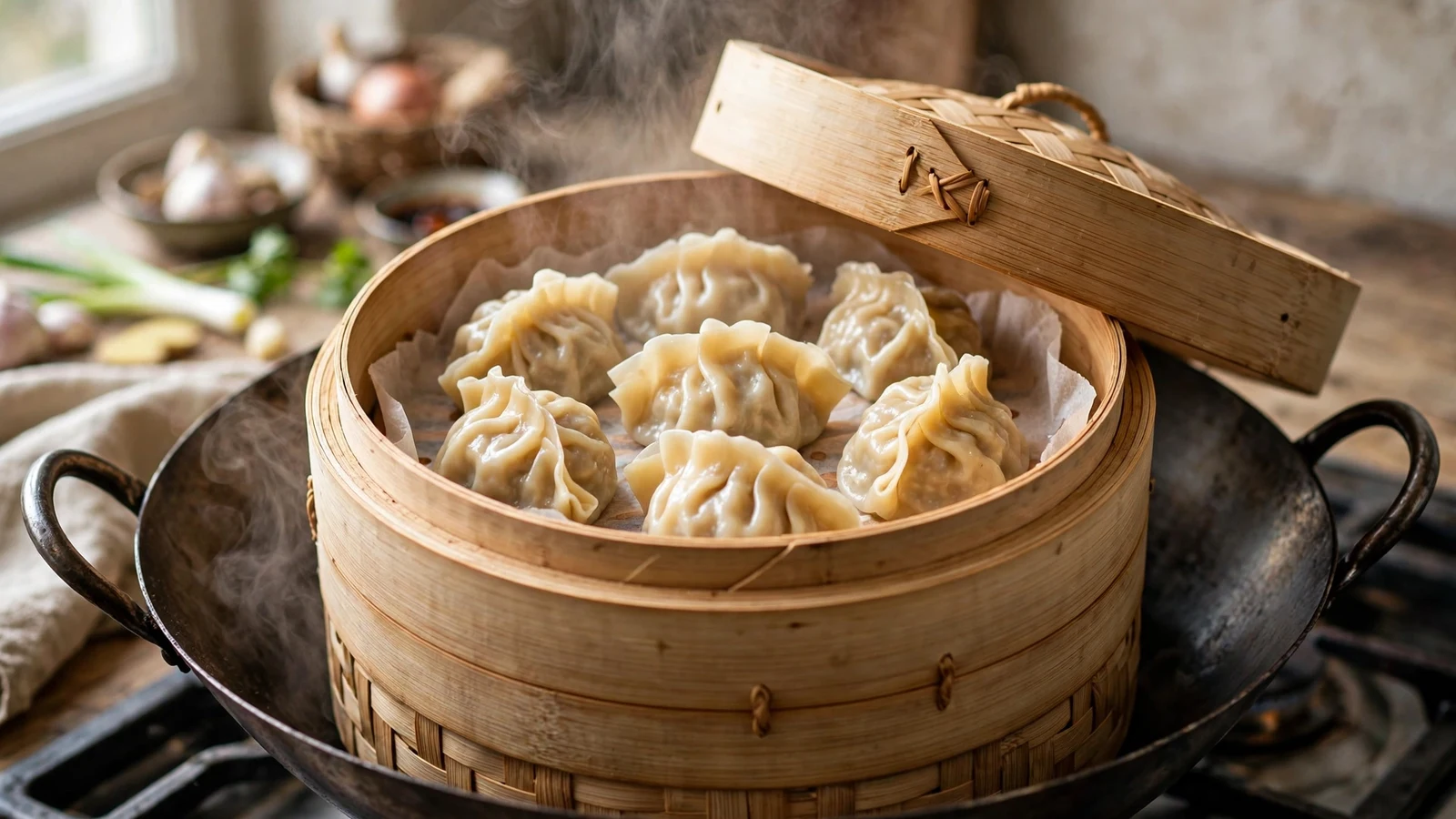 Bamboo steamer stacked on a wok with the lid ajar, steaming dumplings on parchment inside, steam rising in a home kitchen