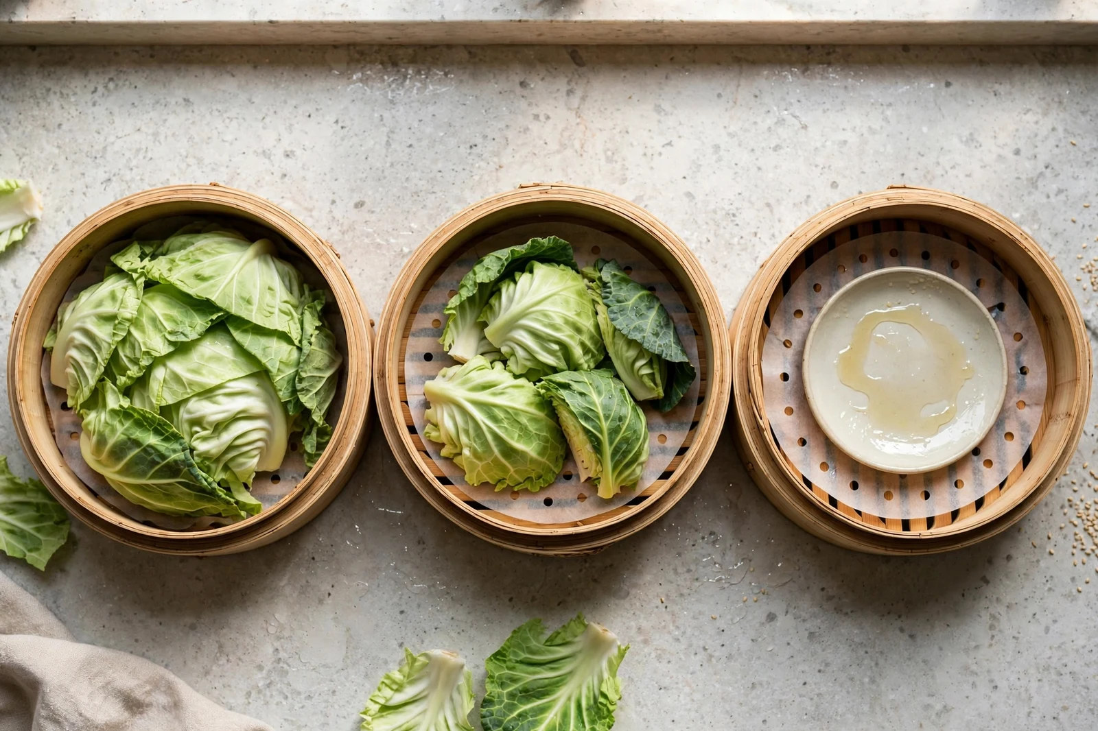Three bamboo steamer baskets on a counter showing liner options: cabbage leaves, perforated parchment, and a small oiled plate