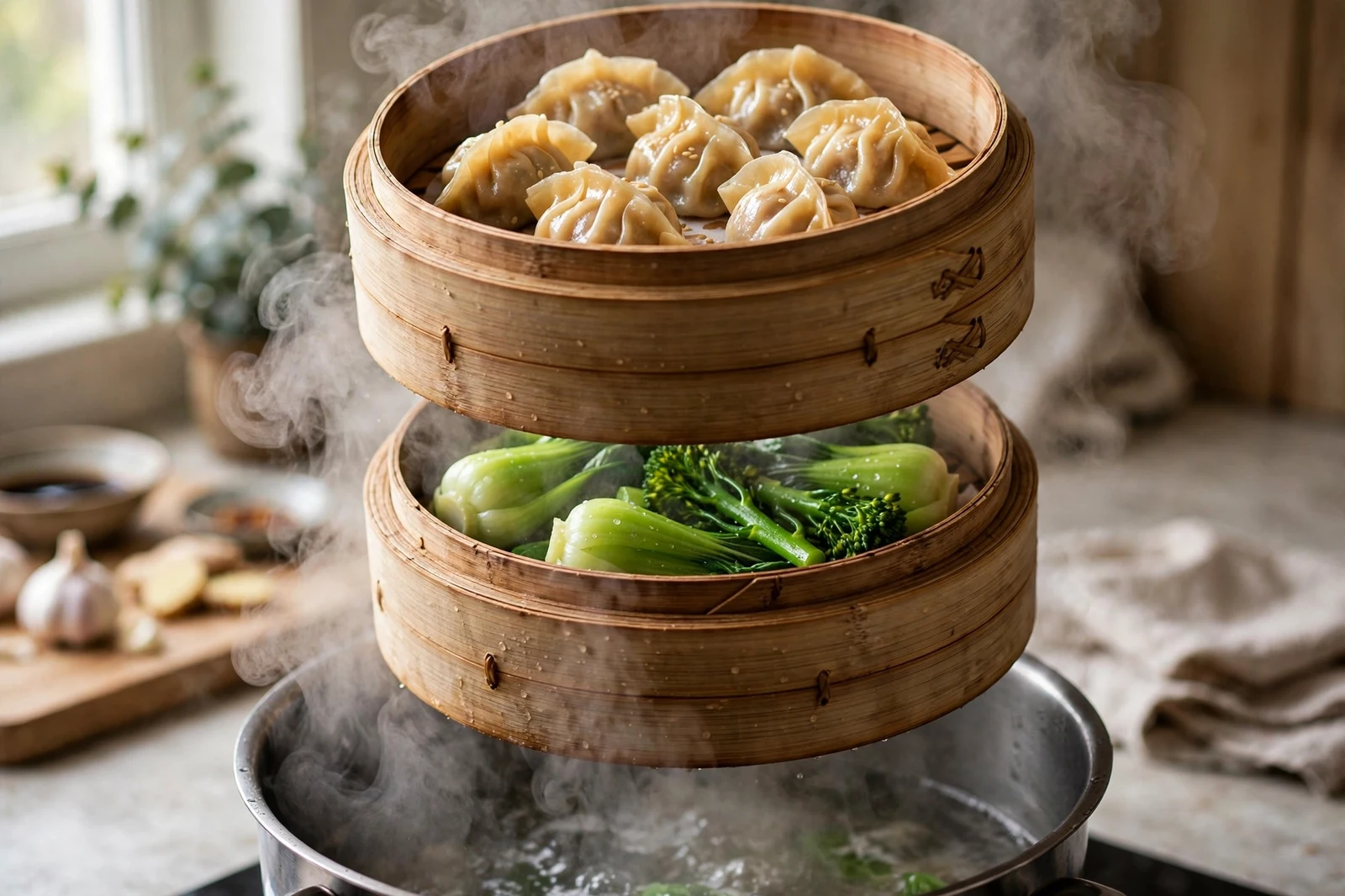 Two stacked bamboo steamer tiers over a pot, dumplings in the top tier and bright green bok choy and broccoli below, steam rising