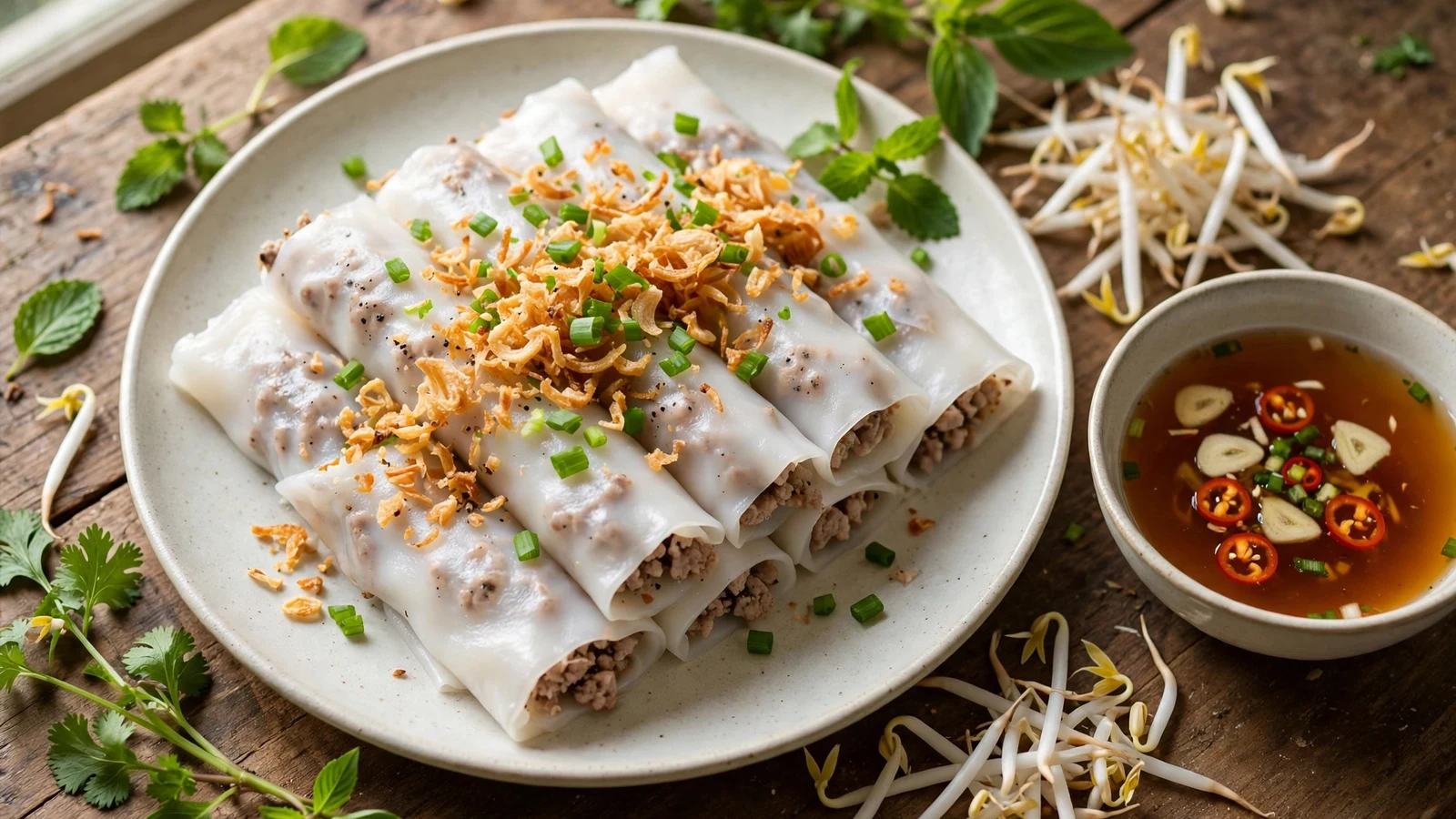A plate of banh cuon, translucent white steamed rice rolls filled with seasoned pork, topped with crisp fried shallots and chopped green onions, with nuoc cham dipping sauce, bean sprouts, and fresh herbs on a wooden table