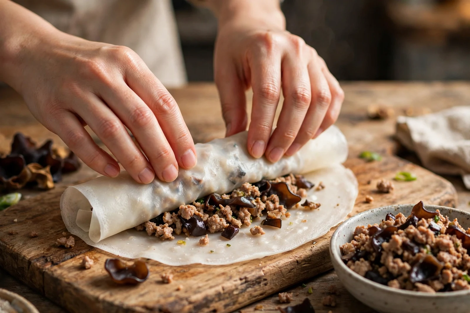Hands rolling a translucent steamed rice crepe around minced pork and wood ear mushroom filling on a wooden board, with a bowl of filling nearby