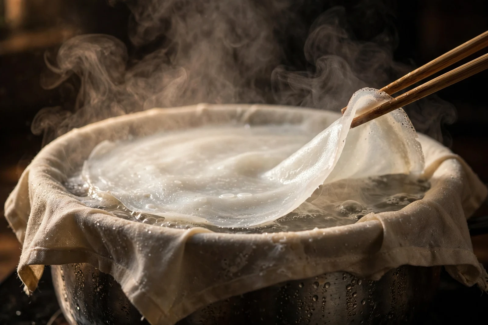 Thin white rice batter steaming on a cloth stretched over a pot of boiling water, wooden chopsticks lifting the edge of a translucent cooked crepe, steam rising