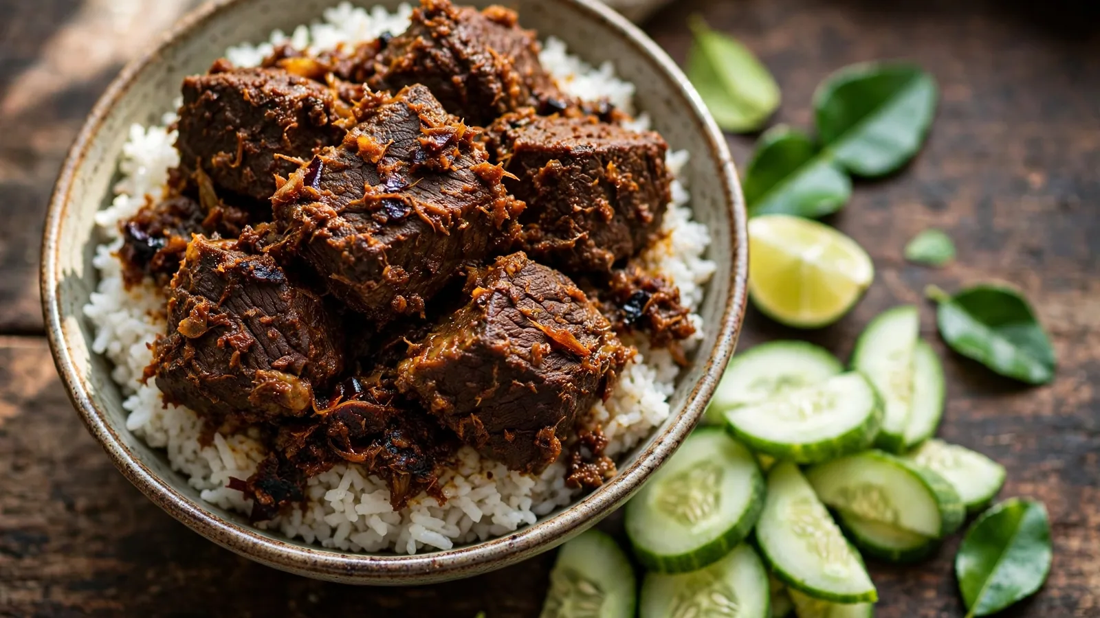 Bowl of beef rendang with dark brown beef chunks in thick coconut curry sauce over jasmine rice, with cucumber slices, a lime wedge and kaffir lime leaves