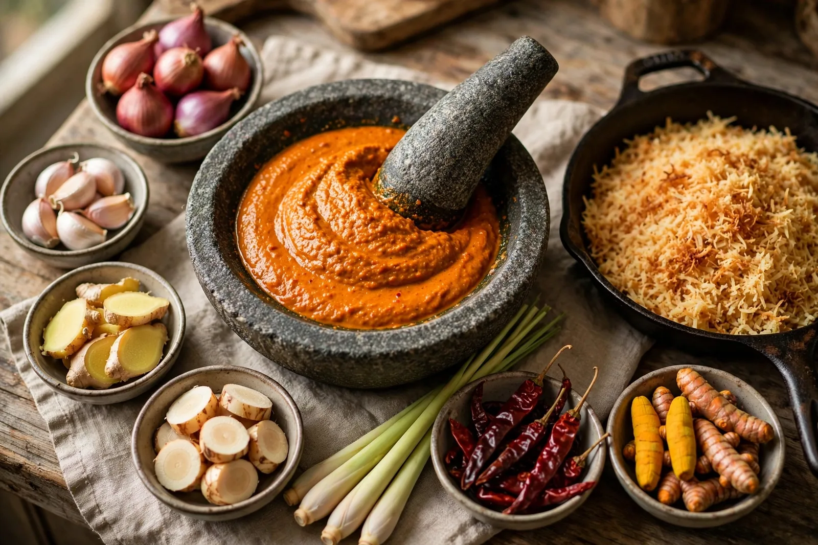 Stone mortar of orange-red rendang spice paste with bowls of shallots, garlic, ginger, galangal, lemongrass, dried red chilies, turmeric and a skillet of toasted shredded coconut