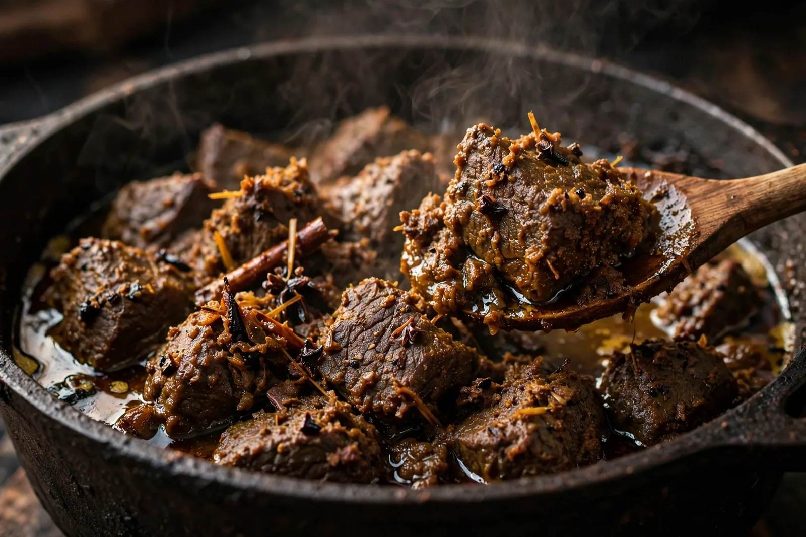 Heavy pot of finished beef rendang at the dry stage, dark beef chunks coated in reduced coconut paste with oil separating, a wooden spoon lifting one piece
