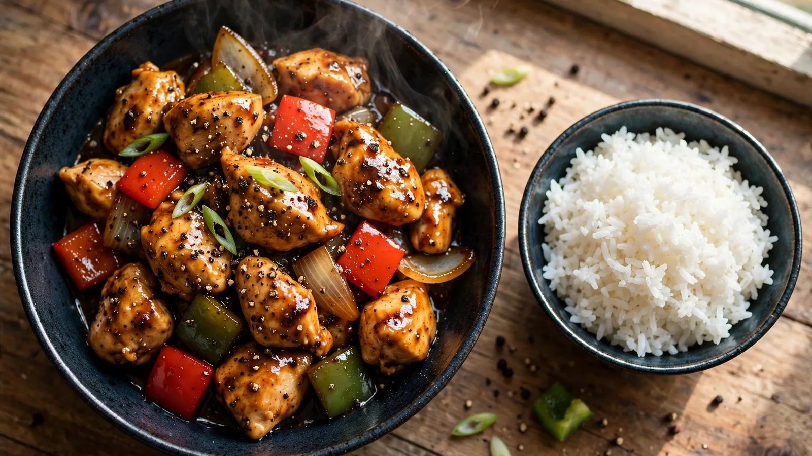 Dark ceramic bowl of black pepper chicken stir-fry with glossy chicken pieces, red and green bell peppers, onion wedges and scallions, coarse cracked black pepper visible, bowl of white jasmine rice beside it
