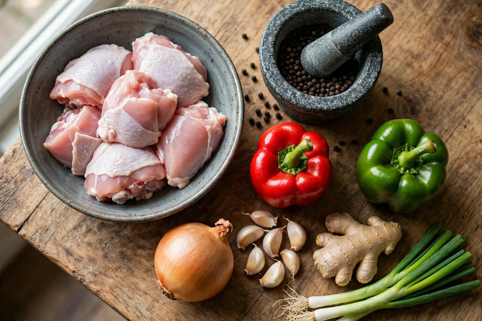 Ingredients for black pepper chicken on a wooden counter: raw chicken thigh pieces in a bowl, black peppercorns in a stone mortar, red and green bell peppers, onion, garlic, ginger and scallions