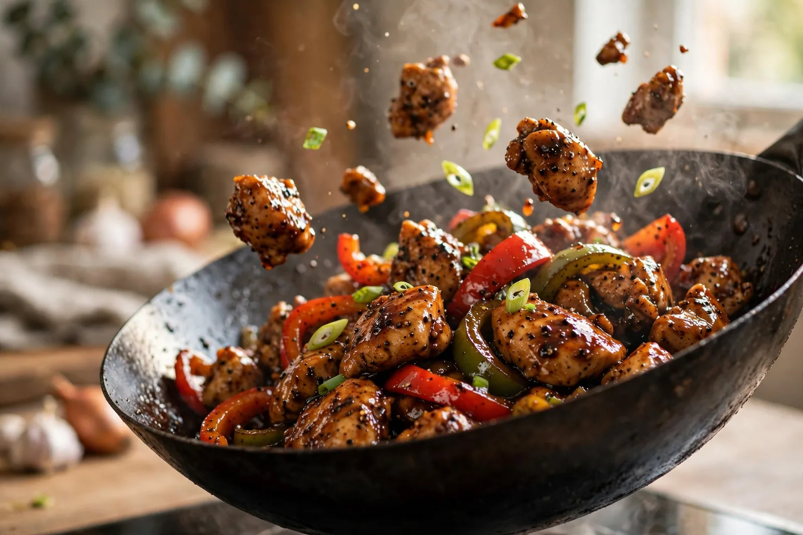 Black pepper chicken stir-fry being tossed in a dark wok with glossy chicken pieces, red and green bell peppers and scallions, steam rising