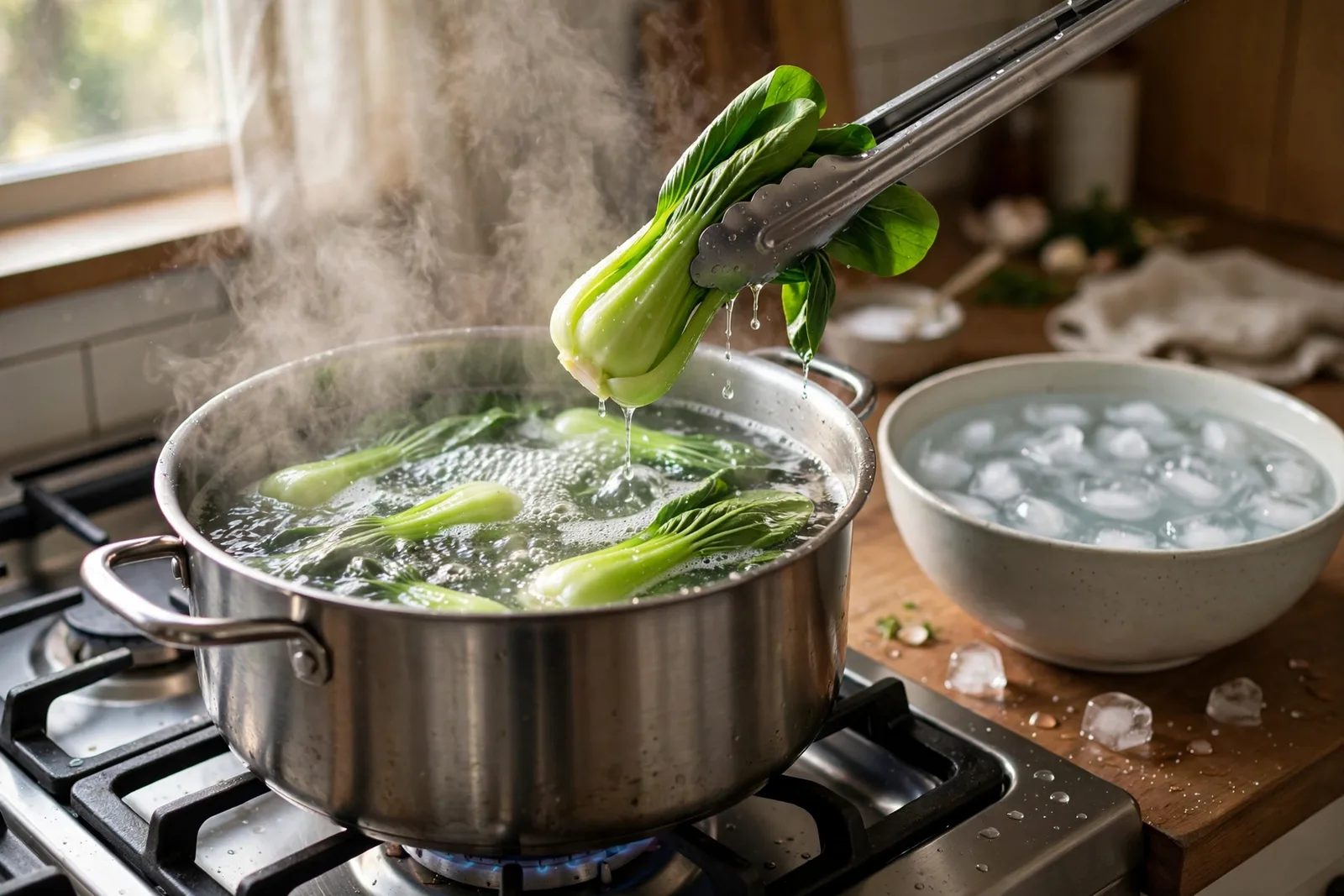 Metal tongs lifting a halved baby bok choy from a large stainless steel pot of vigorously boiling water on a gas stove, more bok choy blanching in the pot, a white bowl of ice water on the wooden counter beside it, steam rising
