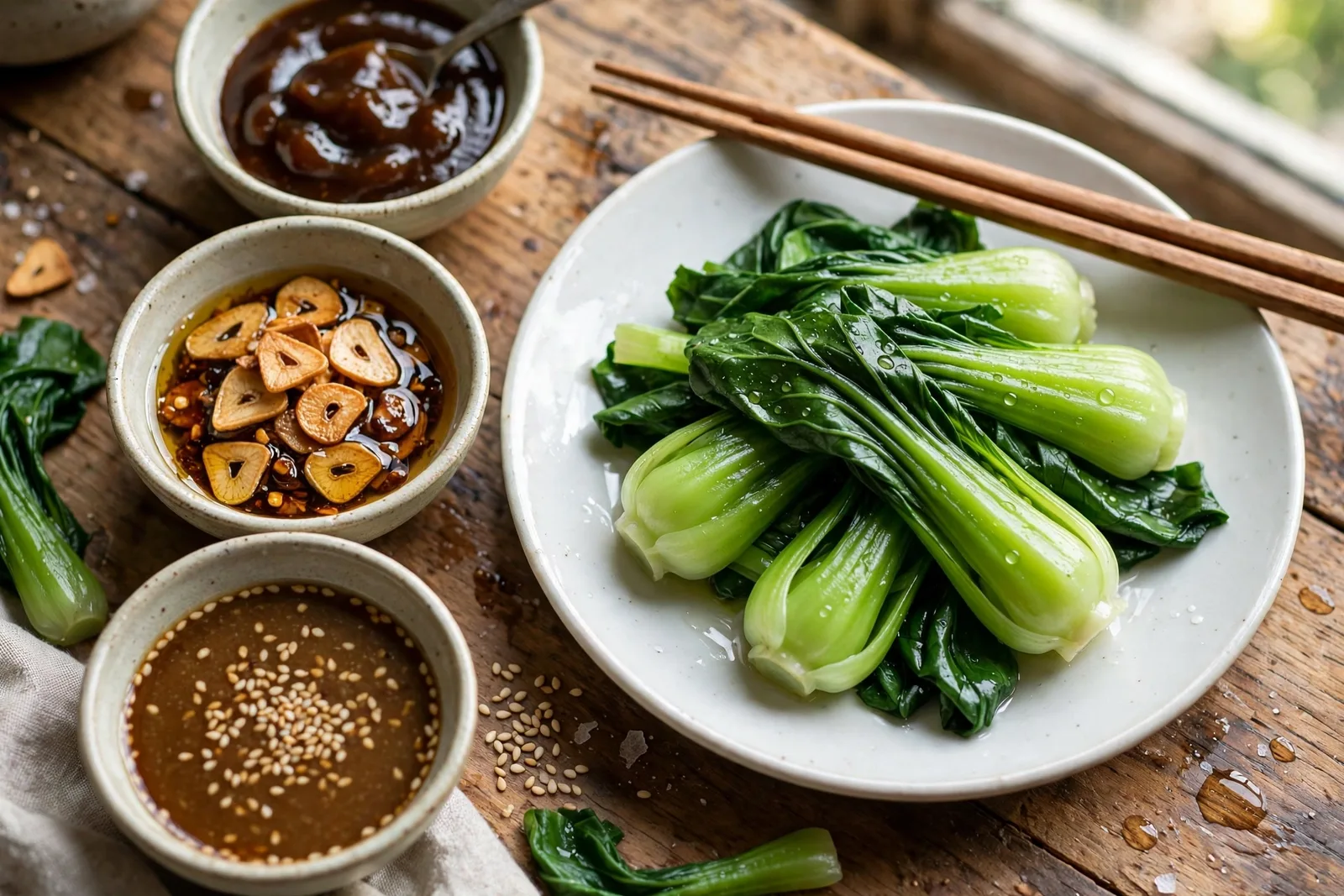 White plate of blanched baby bok choy beside three small bowls of finishing sauces: dark oyster sauce, garlic oil with golden sliced garlic chips, and sesame soy dressing topped with sesame seeds, wooden chopsticks resting on the plate, on a wooden table