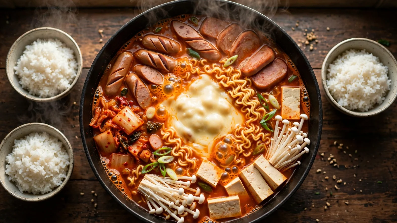Wide black pot of budae jjigae Korean army stew bubbling with ramen noodles, melted cheese, sliced sausage, luncheon meat, tofu, kimchi, enoki mushrooms and scallions, with bowls of white rice beside it