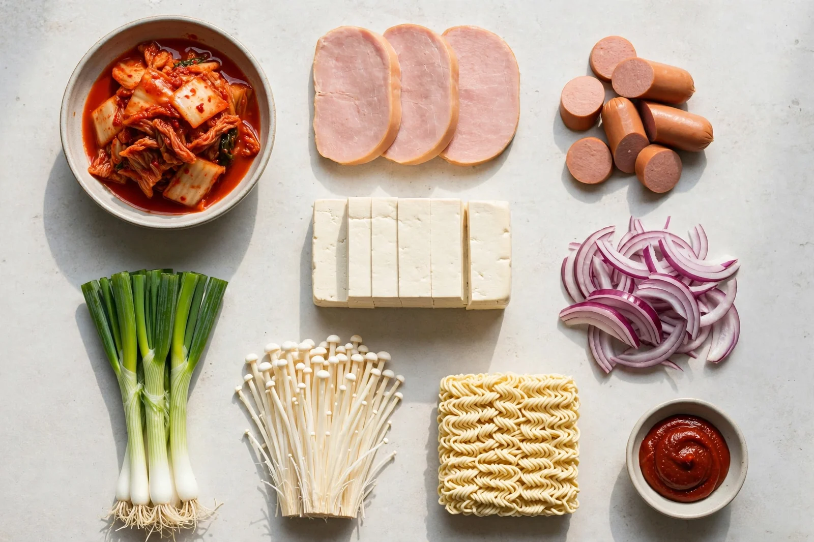 Raw budae jjigae ingredients laid out on a counter: chopped kimchi in a bowl, luncheon meat slices, sliced hot dogs, tofu slices, enoki mushrooms, red onion, scallions, ramen noodles and gochujang paste