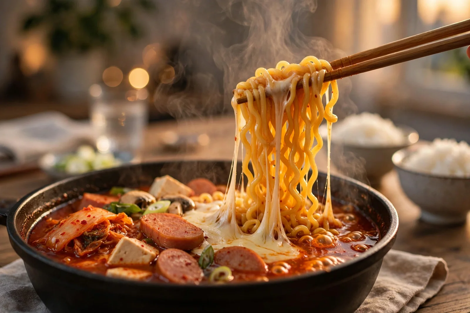 Chopsticks lifting cheesy ramen noodles from a pot of budae jjigae with kimchi, sausage slices and tofu in spicy red broth, steam rising