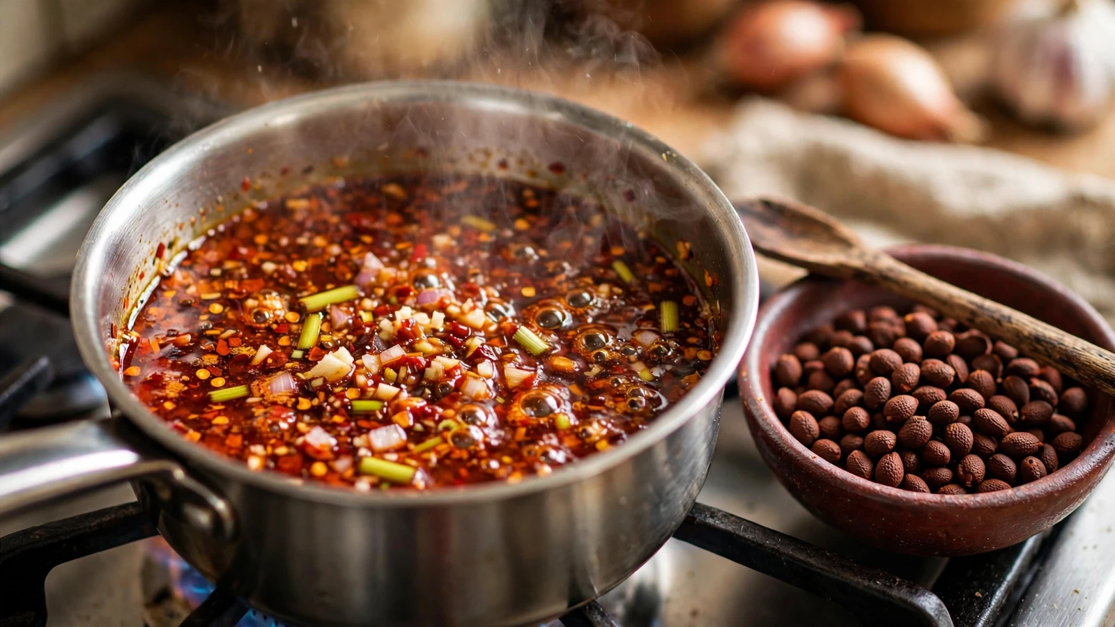 Small saucepan of vivid red annatto-chili sate: minced lemongrass, shallots, garlic, and chili flakes sizzling in brick-red oil, with a dish of dark annatto seeds beside it