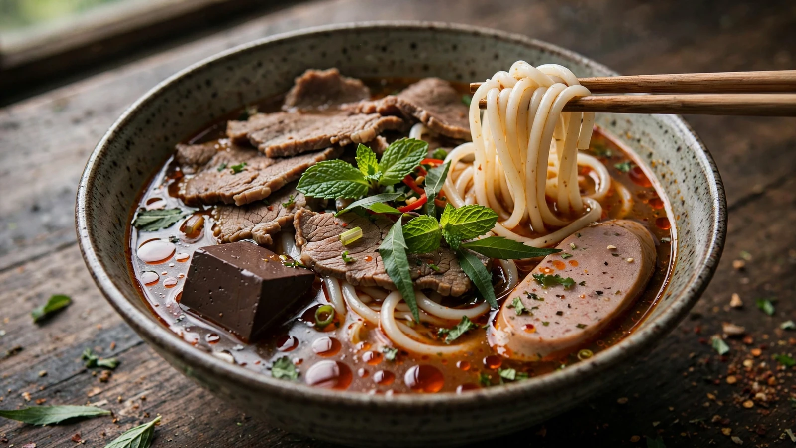 Close-up of a finished bowl of bun bo Hue: glistening brick-red broth over thick noodles, topped with sliced beef shank, blood cake cubes, pork sausage, and fresh herbs