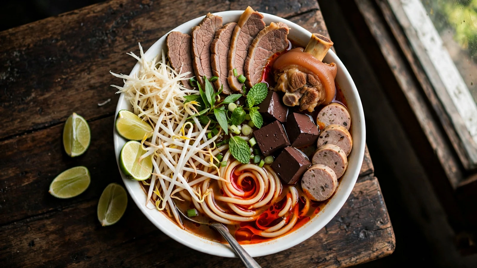 Overhead shot of bun bo Hue in a white bowl: thick round rice noodles in brick-red beef broth with sliced beef shank, pork hock, blood cake cubes, sliced Vietnamese pork sausage, bean sprouts, shredded banana blossom, rau ram, and lime wedges