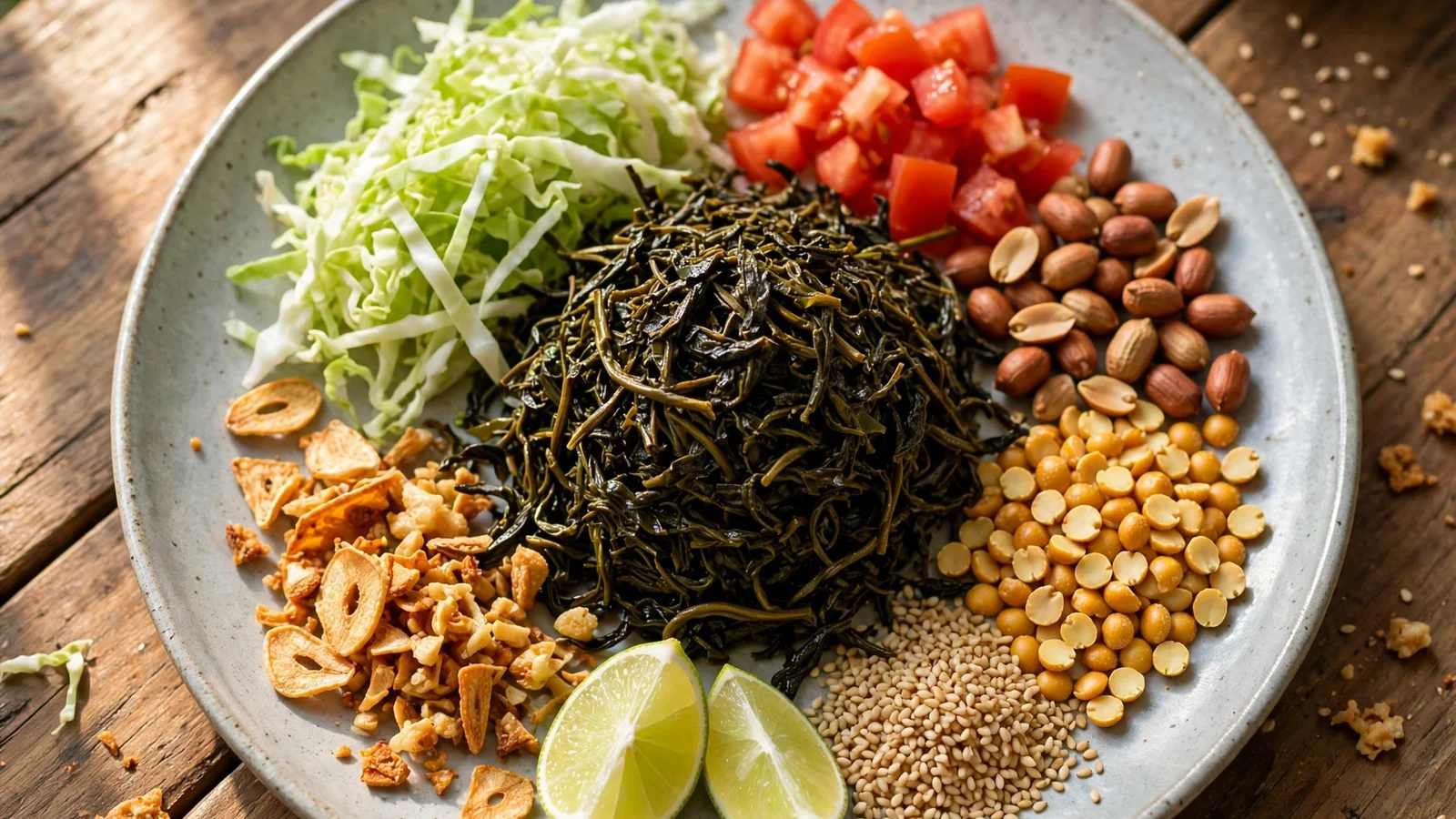 Wide ceramic plate of Burmese tea leaf salad lahpet thoke: dark fermented tea leaf pile in the center surrounded by shredded green cabbage, diced red tomato, roasted peanuts, toasted sesame seeds, crisp fried garlic and fried split peas, with lime wedges, on a wooden table