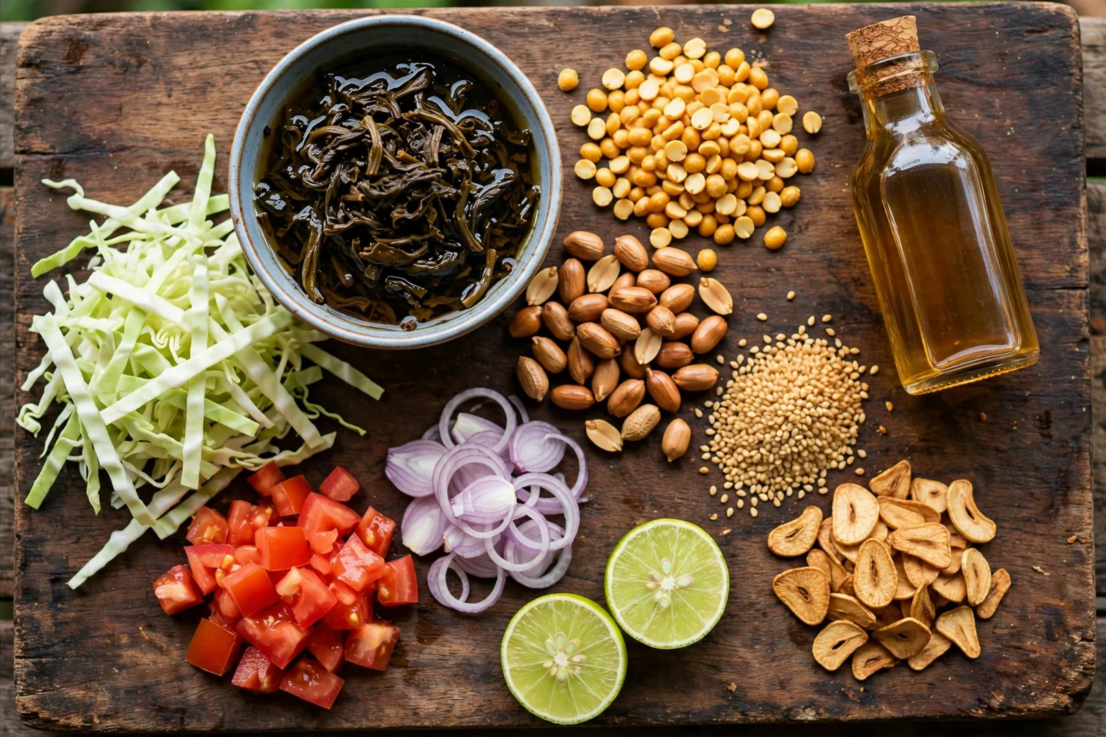 Ingredients for Burmese tea leaf salad on a wooden board: small bowl of dark fermented tea leaves in oil, shredded cabbage, diced tomatoes, roasted peanuts, toasted sesame seeds, fried garlic slices, fried split peas, sliced shallot, lime halves and a small bottle of fish sauce