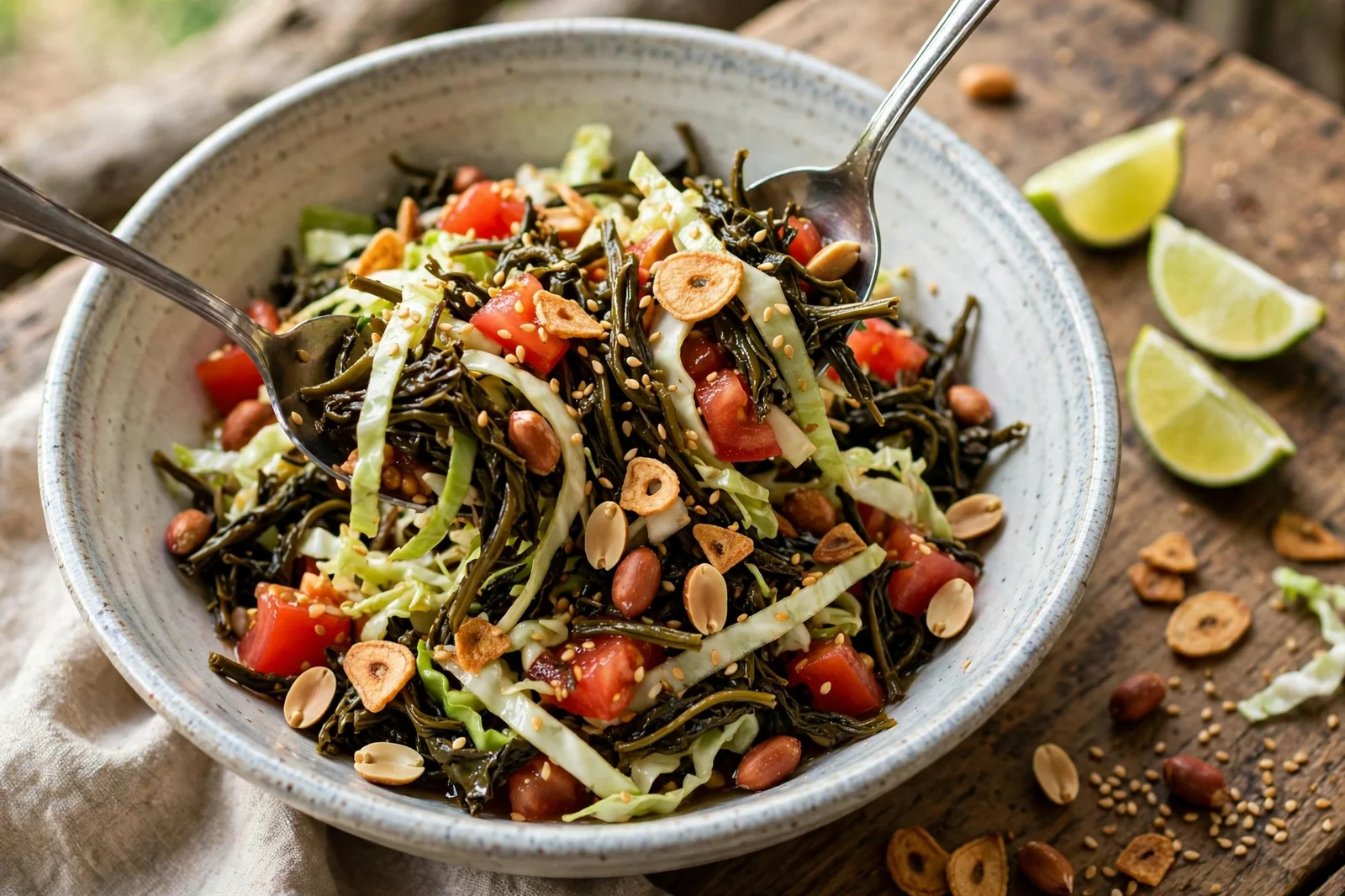 Burmese tea leaf salad being tossed in a wide ceramic bowl with two spoons, shredded cabbage and tomato folding through dark fermented tea leaves with peanuts, sesame seeds and fried garlic scattered on top, lime wedges beside the bowl