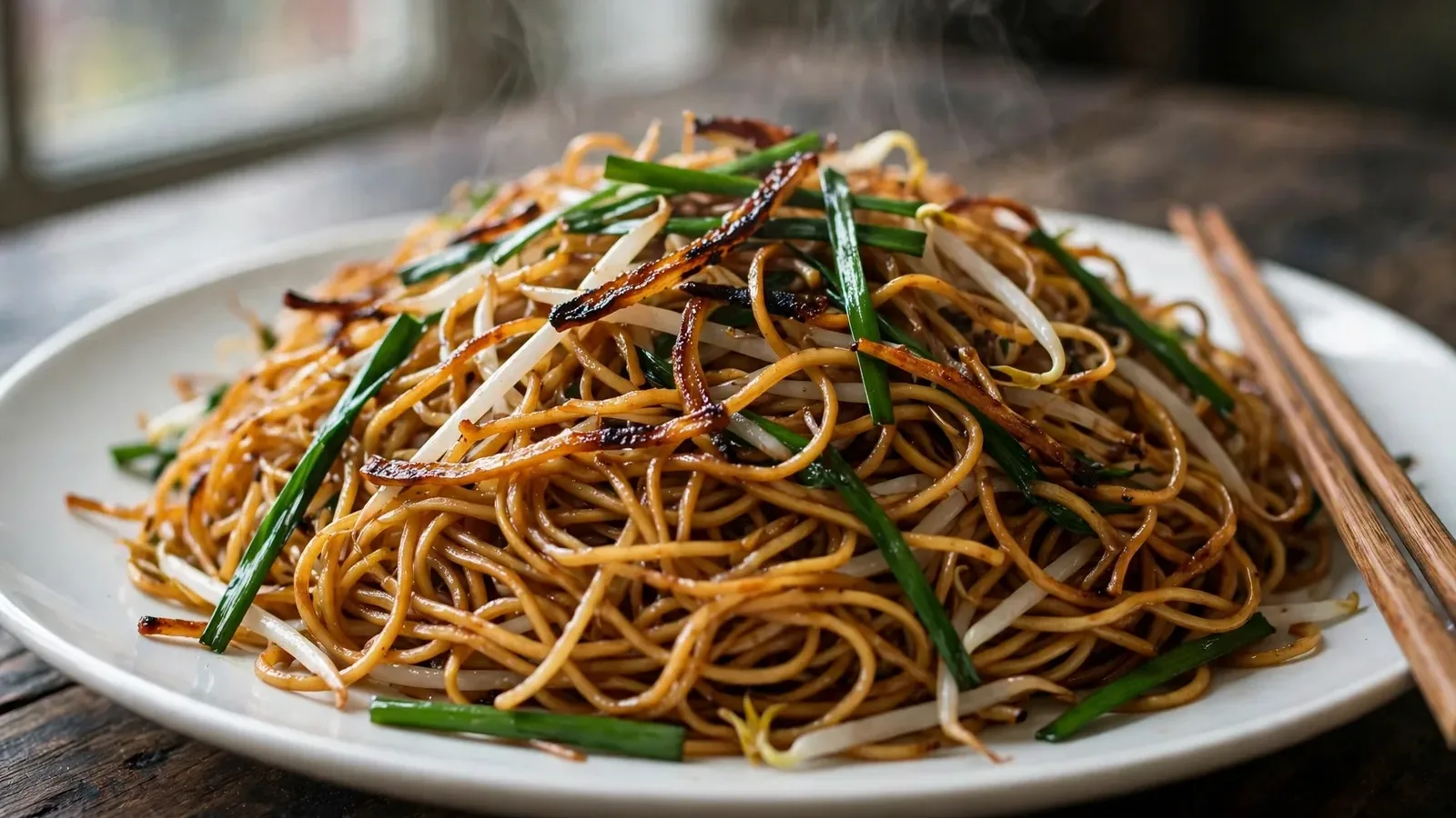 White ceramic plate of Cantonese soy sauce chow mein: thin golden egg noodles with crisp browned edges tossed with mung bean sprouts and long garlic chives, glossy soy sheen, wooden chopsticks on the plate edge, steam rising, on a dark wooden table