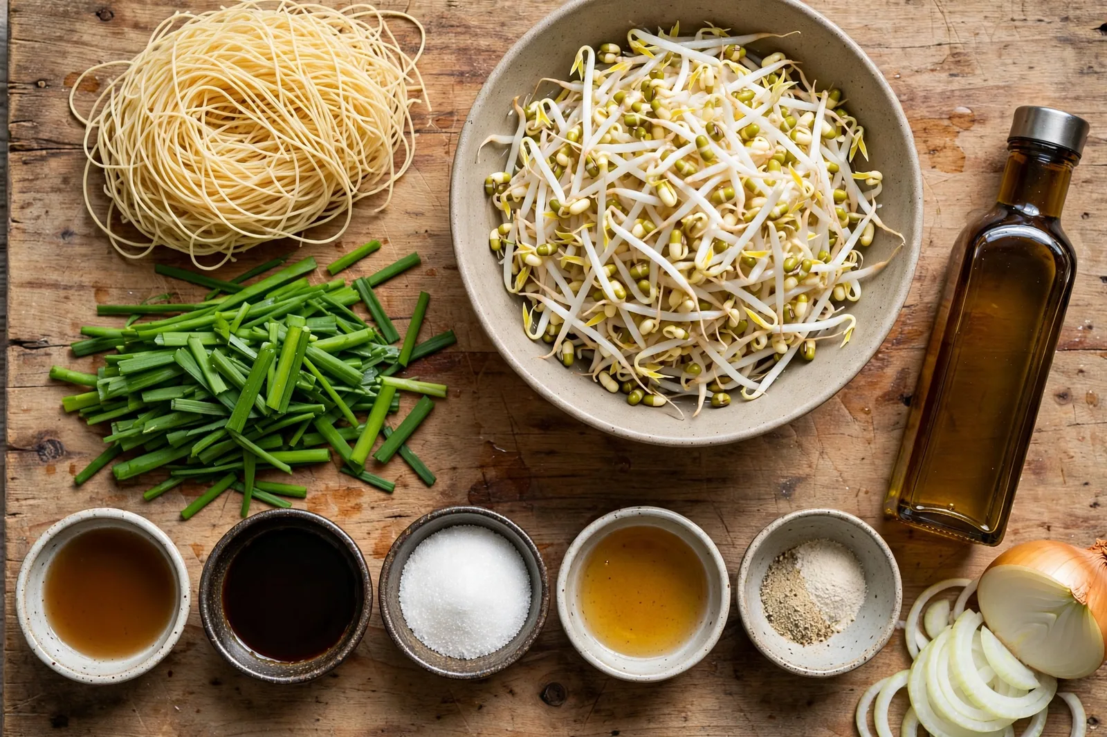 Overhead view of ingredients for Cantonese soy sauce chow mein on a wooden board: a bundle of fresh thin egg noodles, a bowl of mung bean sprouts, a bunch of garlic chives, small bowls of light soy sauce, dark soy sauce, sugar, Shaoxing wine and white pepper, toasted sesame oil bottle, and thinly sliced yellow onion